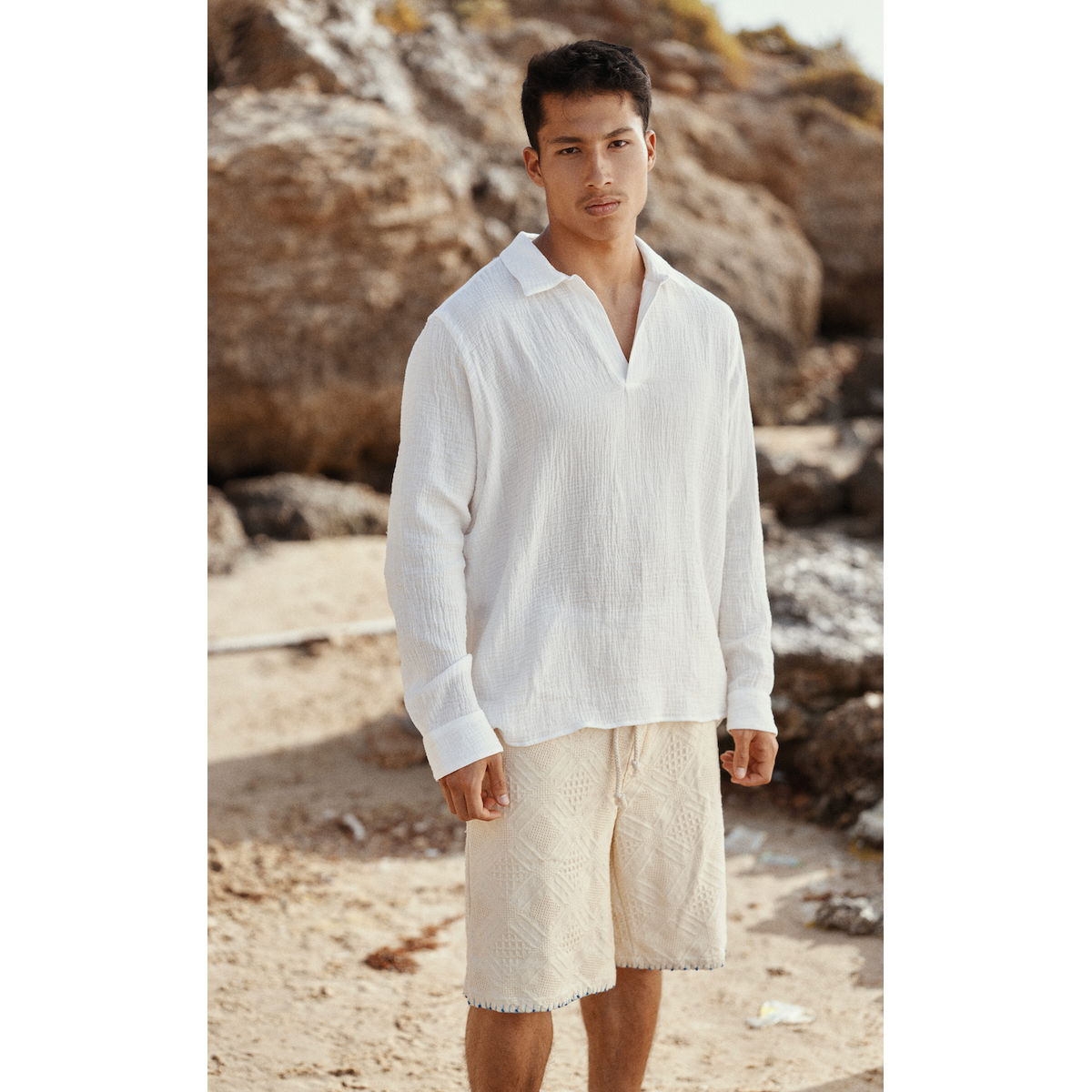 MC2 Saint Barth Ventotene Waffle Cotton Long-Sleeve Polo Shirt in White