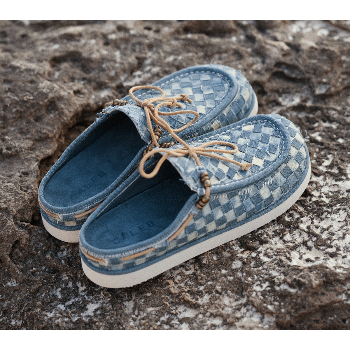 Caleb Kaia Blue Denim Blue Embroidered Mules