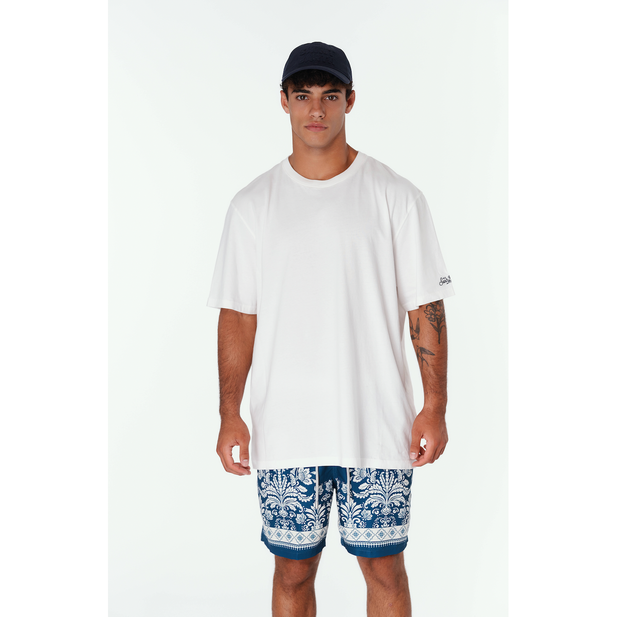 MC2 Saint Barth Gustavia Blue Swim Shorts with Ornamental Floral Print
