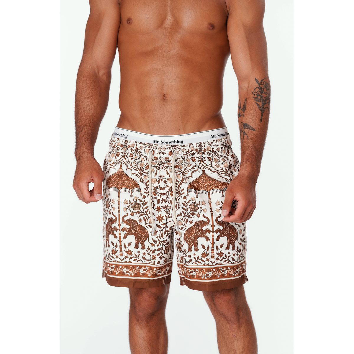 MC2 Saint Barth White Gustavia Swim Shorts with Brown Ornamental Placed Print