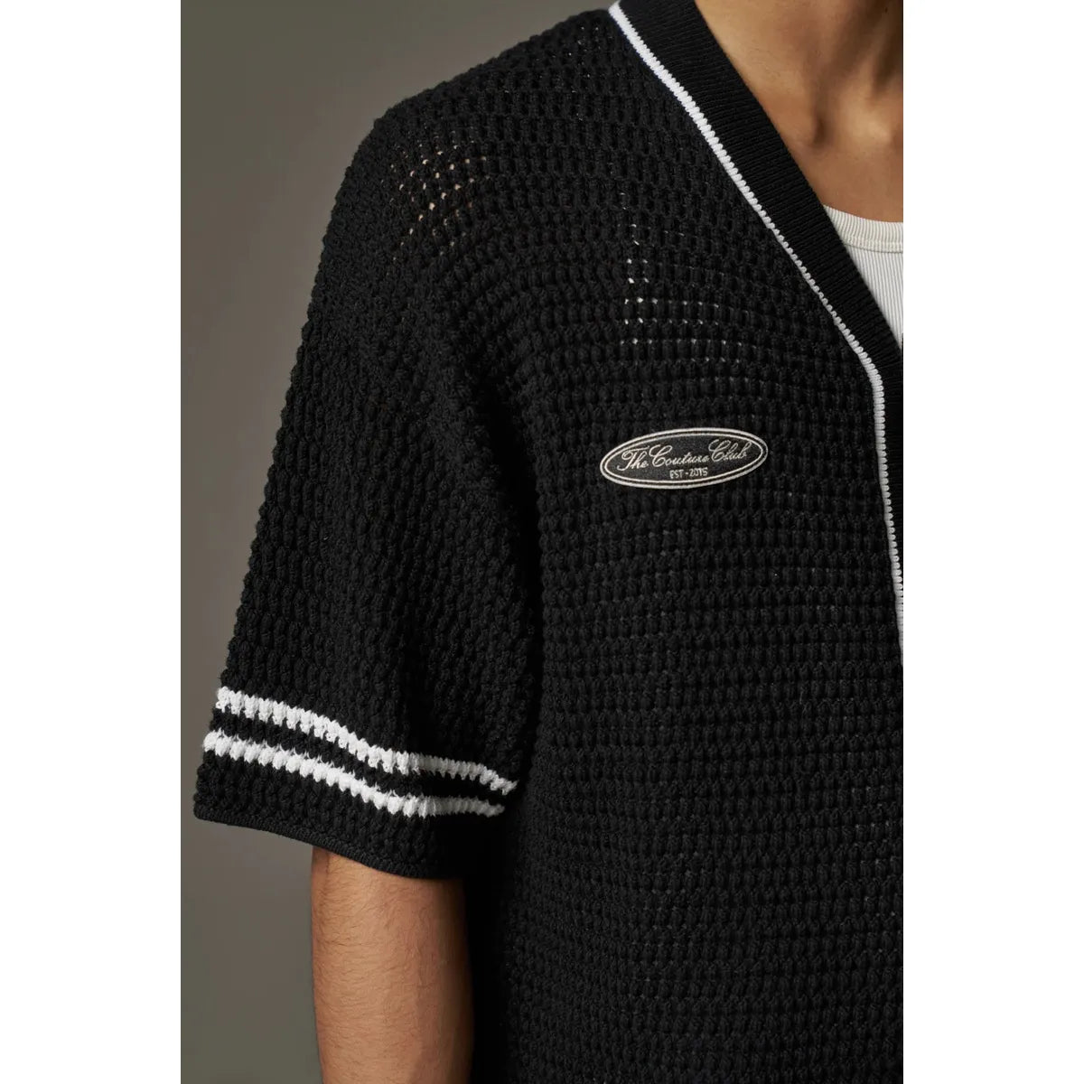 The Couture Club Crochet Knitted Black Baseball Shirth