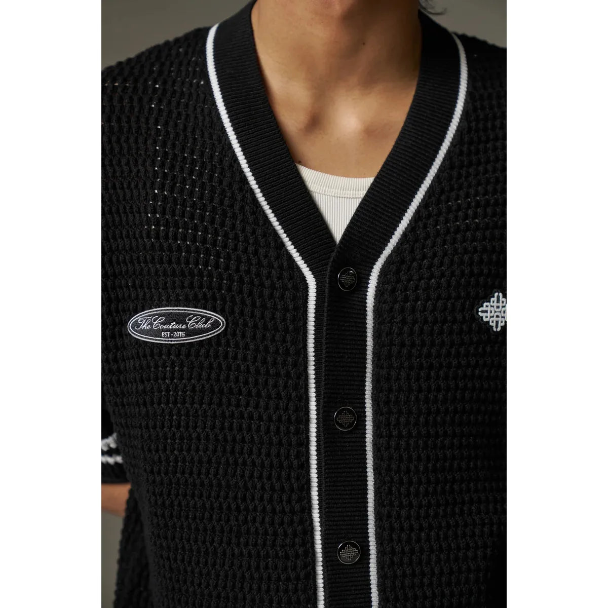 The Couture Club Crochet Knitted Black Baseball Shirth
