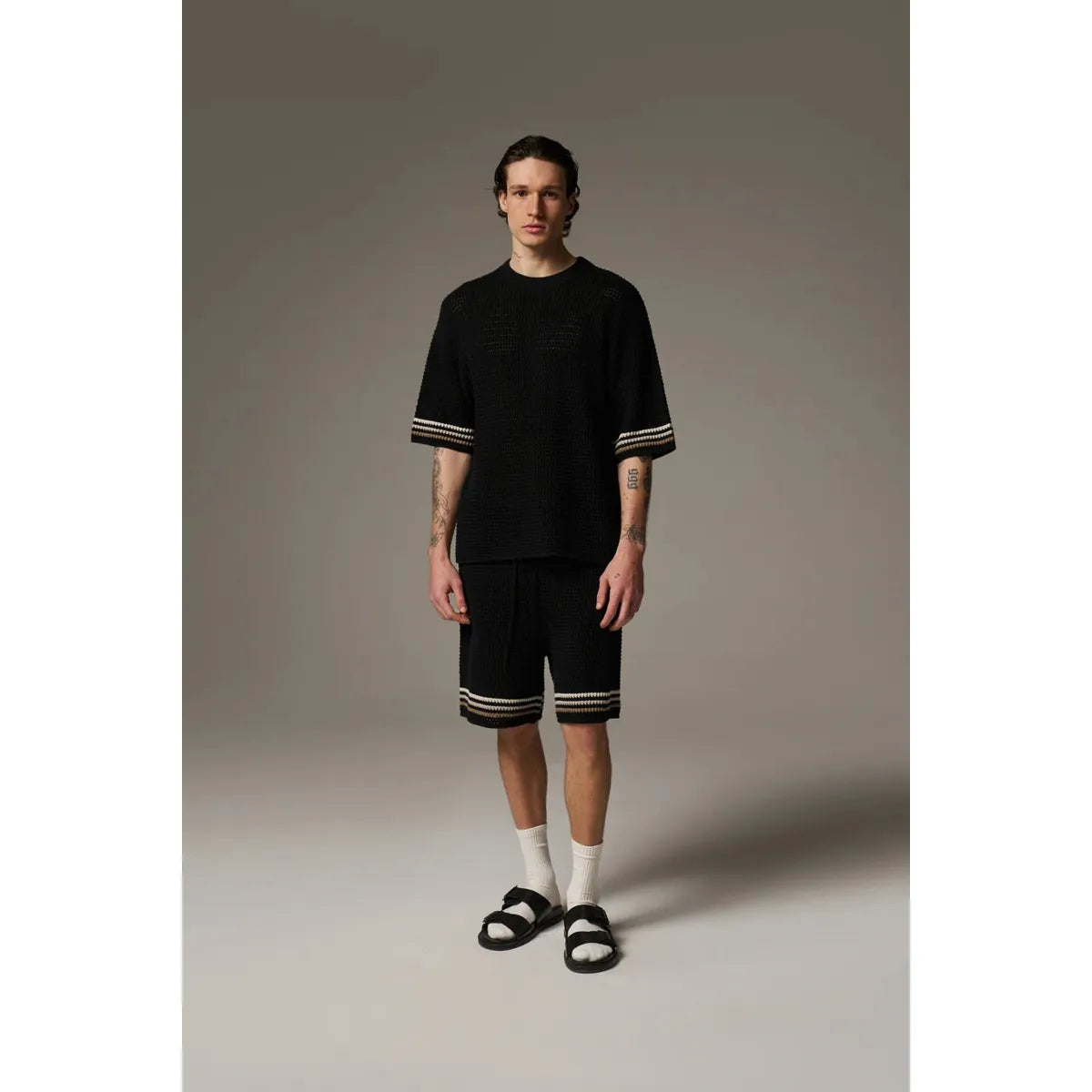 The Couture Club Stripe Crochet Knit Black T-Shirt