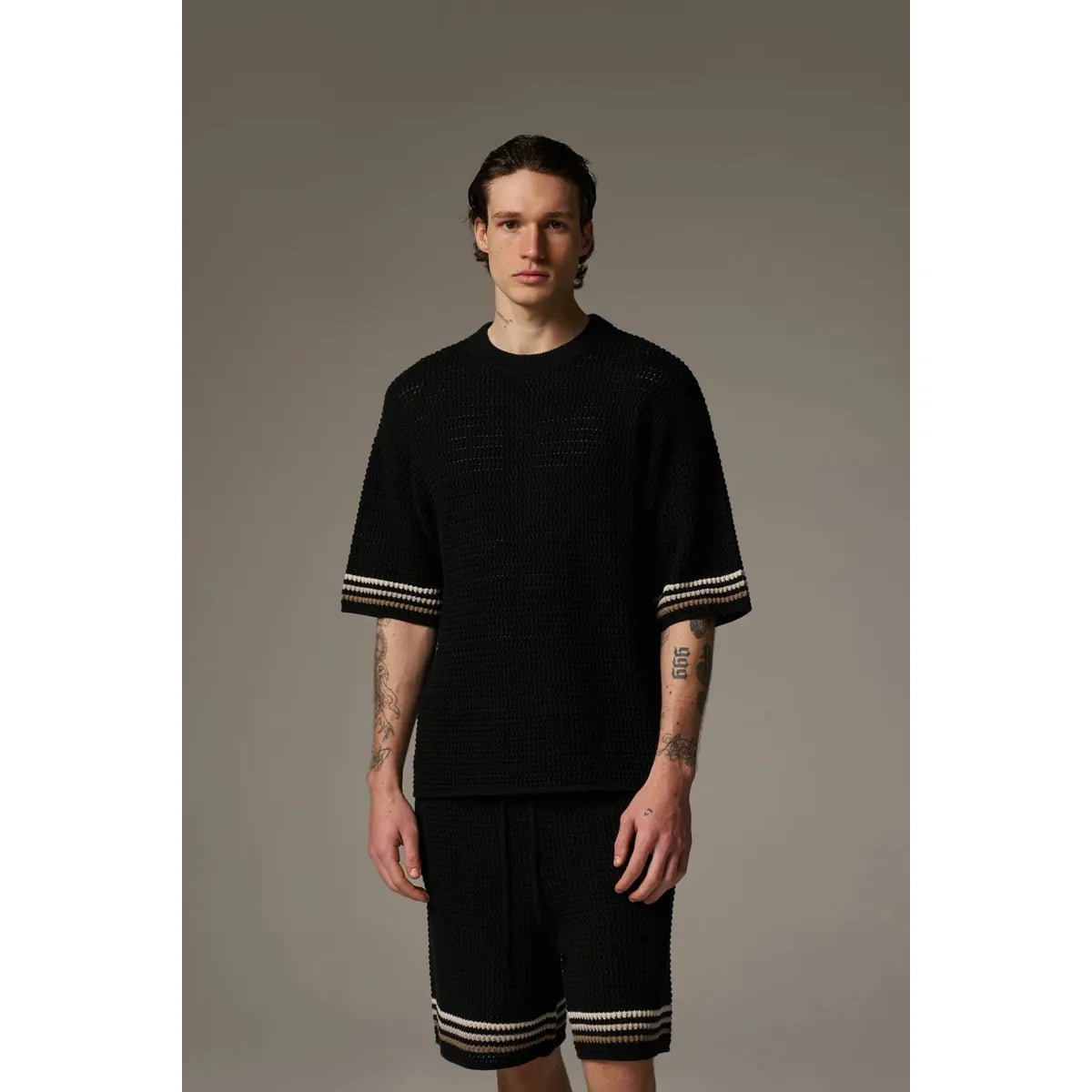 The Couture Club Stripe Crochet Knit Black T-Shirt