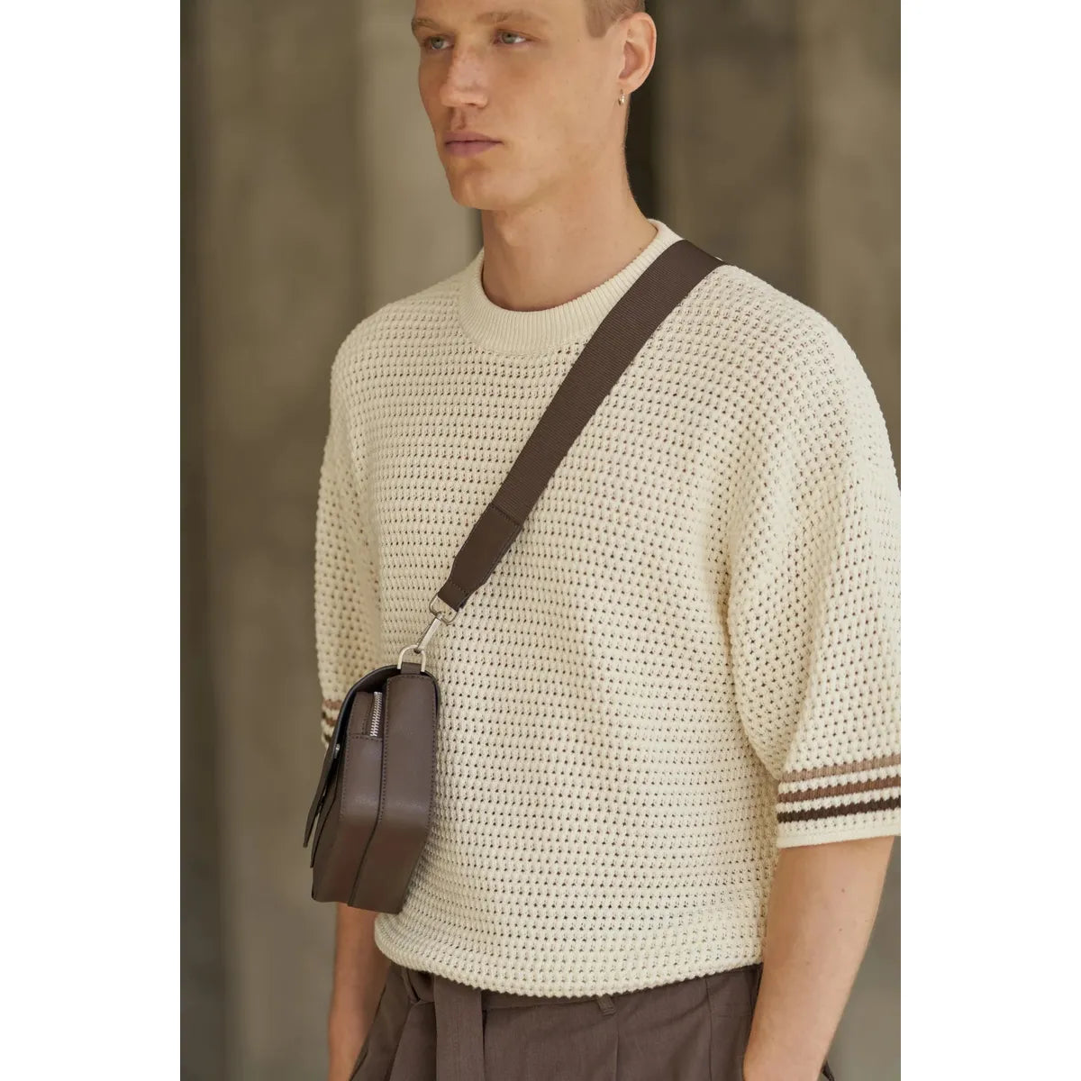 The Couture Club Stripe Crochet Knit Off-White T-Shirt