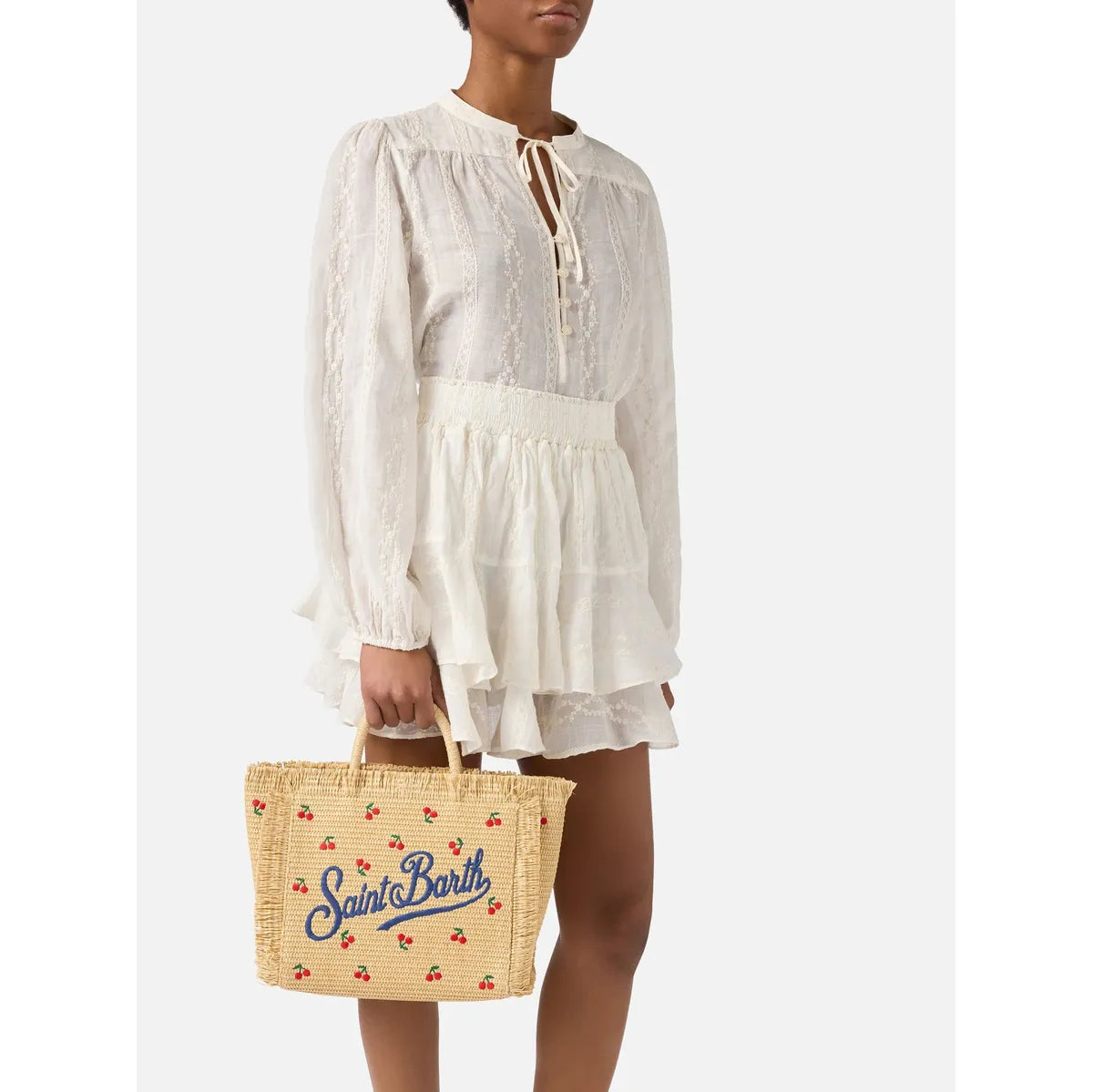 MC2 Saint Barth Colette bag in straw effect fabric with cherry embroidery