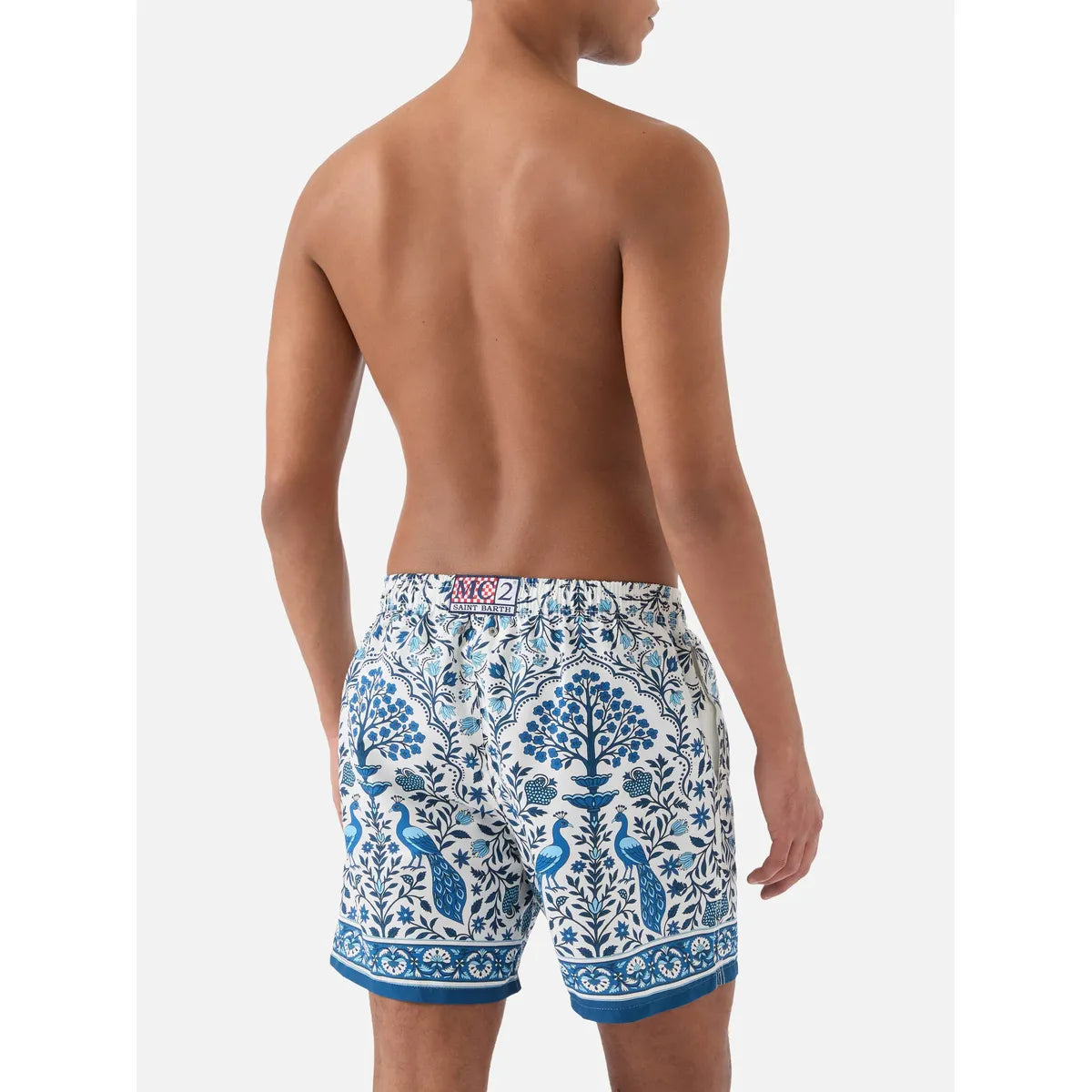 MC2 Saint Barth Gustavia white swim shorts with contrasting peacock print
