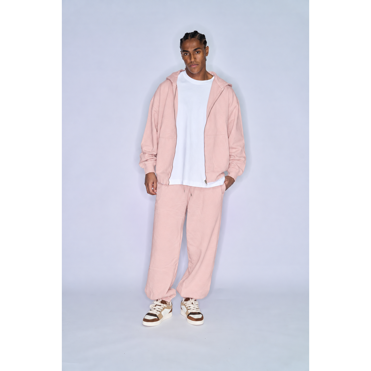 Colorful Standard Faded Pink set – full look on model