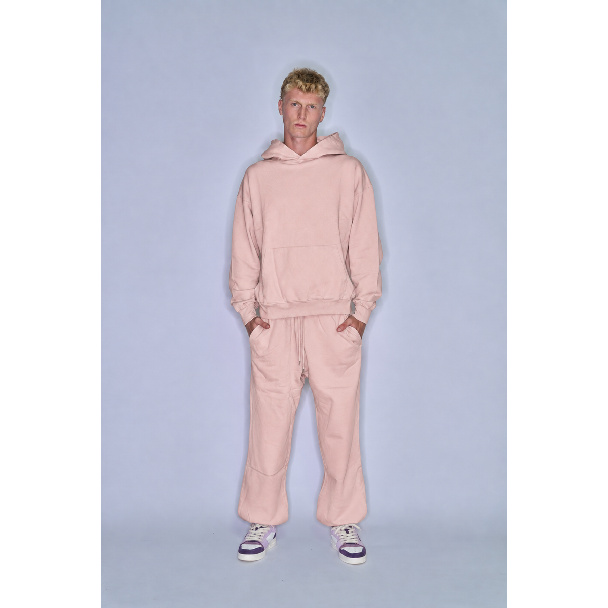 Colorful Standard Faded Pink set – full look on model