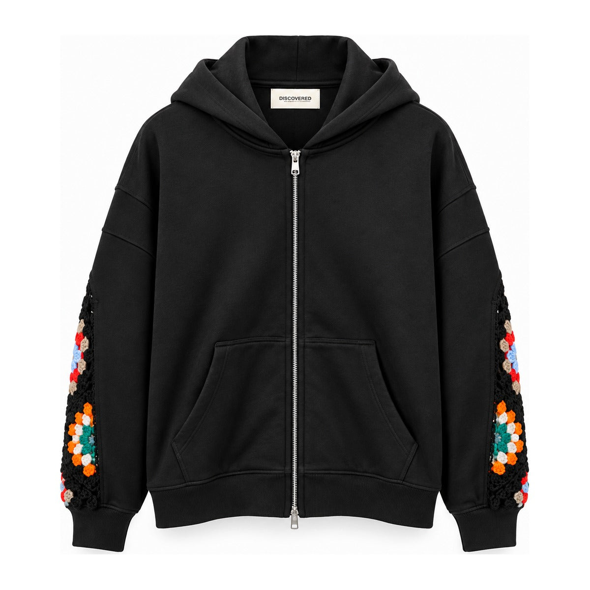 Discovered Crochet Sleeve Zip Hoodie in Black
