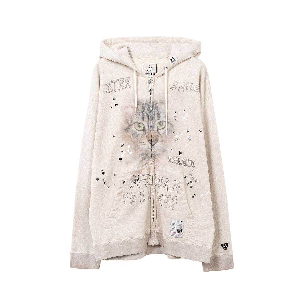 Maison Mihara Cat Printed Embellished Distressed white Zip-up Hoodie