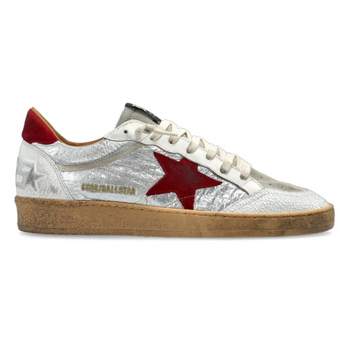Golden Goose Ball Star Sneakers in Silver and Red