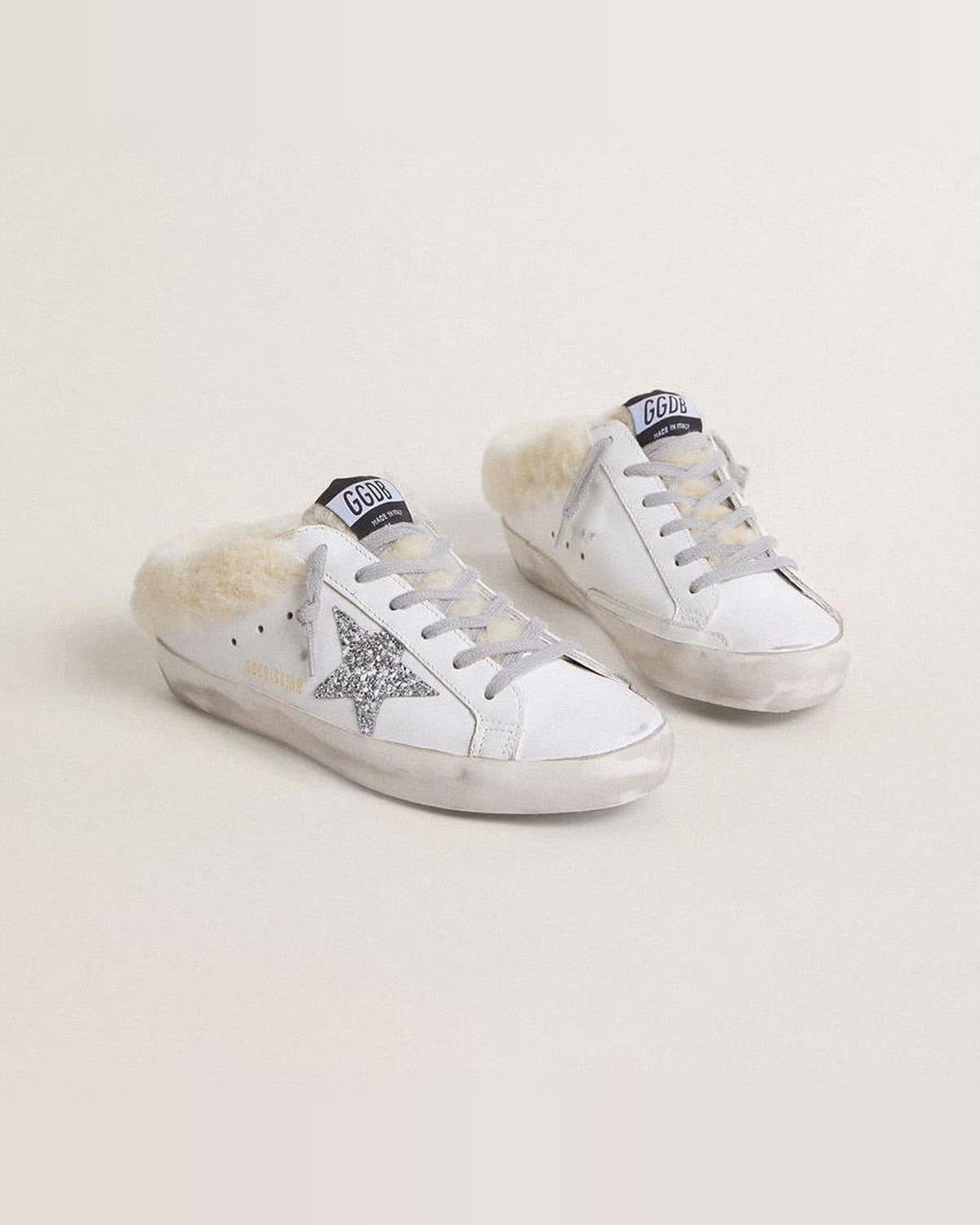 Golden Goose Super-Star Sabot in White, Silver and Beige