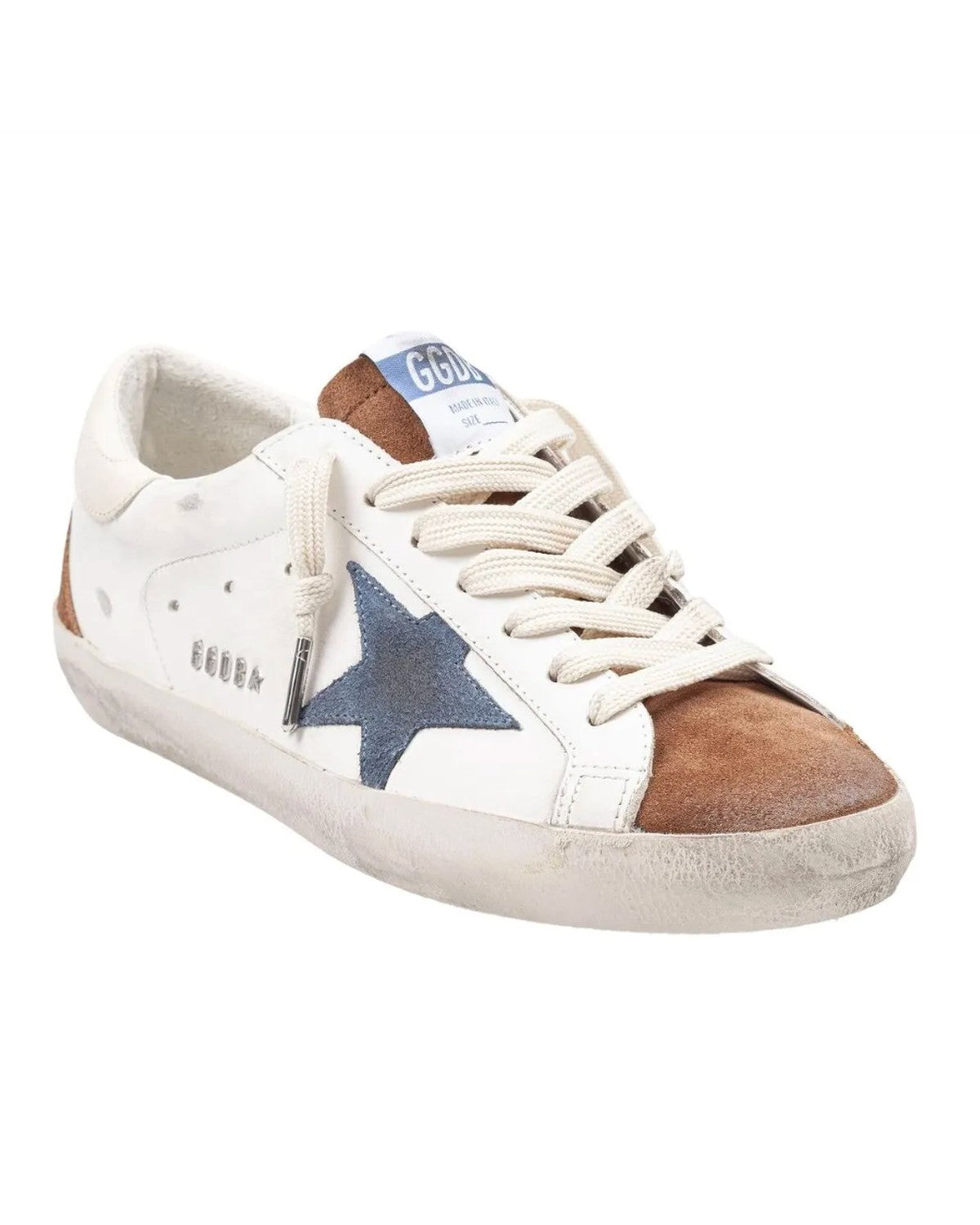 Golden Goose Super-Star Sneakers in White, Brown and Denim