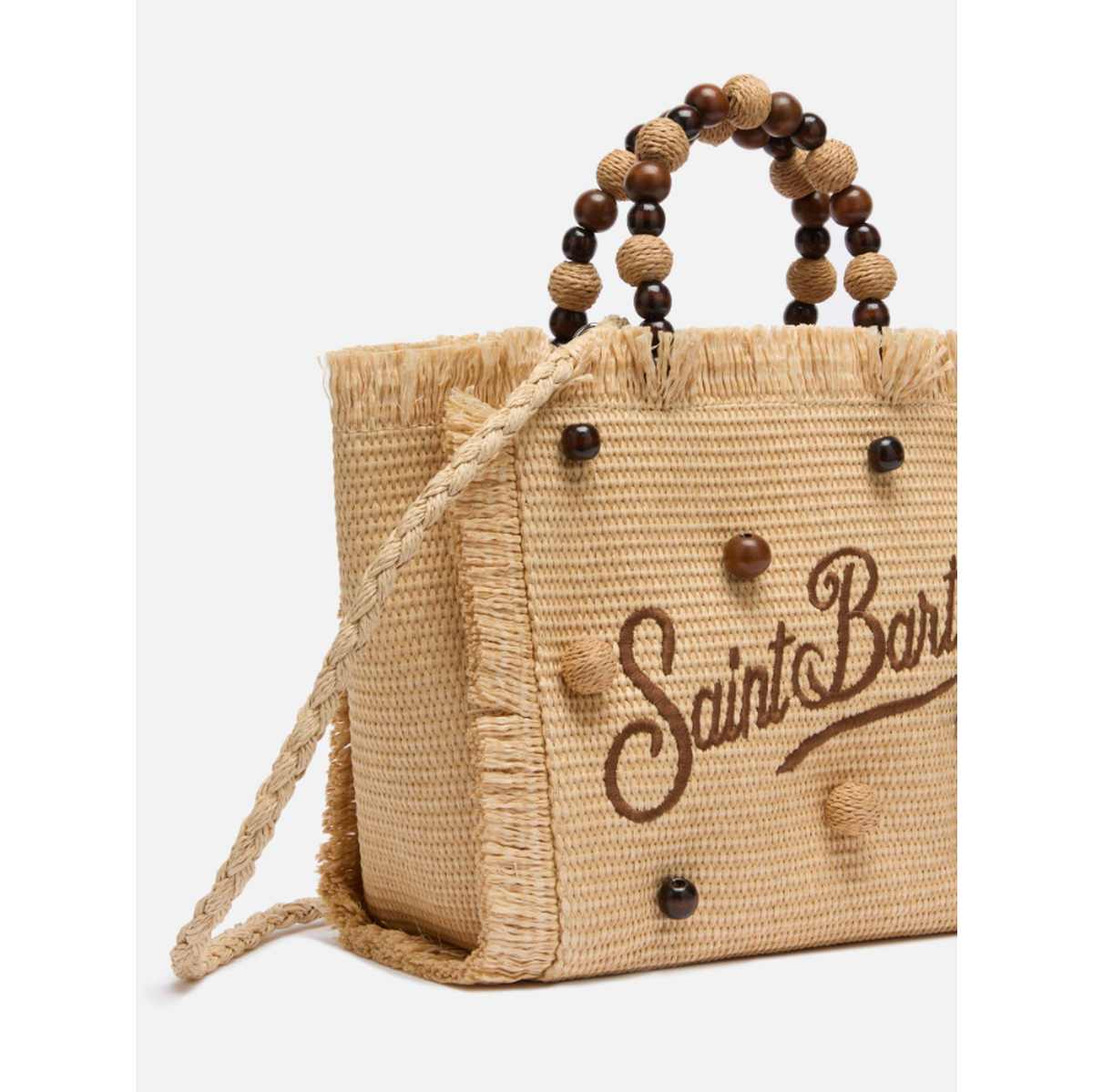 MC2 Saint Barth Colette Straw Effect Handbag with Wood Beads Handle