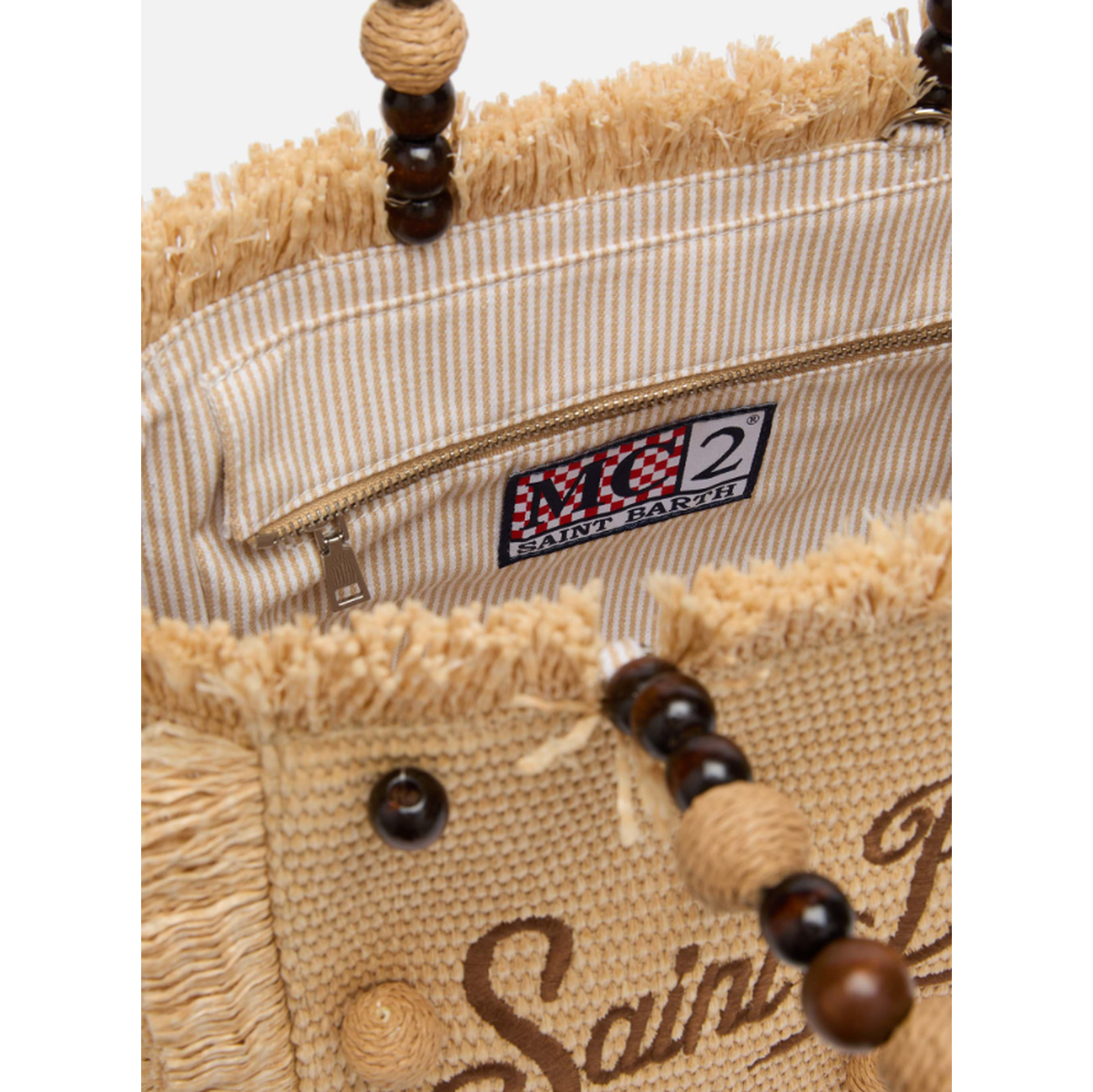 MC2 Saint Barth Colette Straw Effect Handbag with Wood Beads Handle