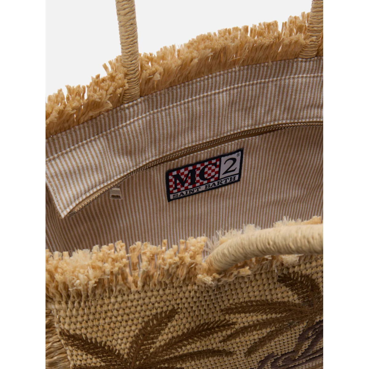 MC2 Saint Barth Vanity Straw Effect Bag in Beige and Brown with Palm Embroidery