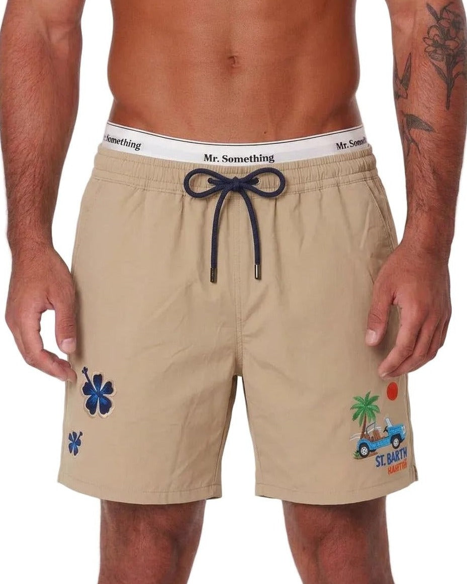 MC2 Saint Barth Comfort Swim Shorts in Beige Car Palm