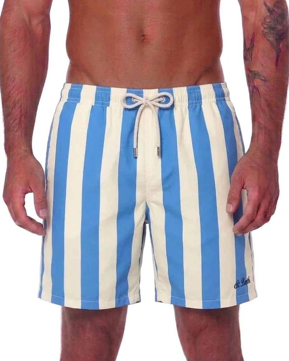 MC2 Saint Barth Syros Swim Shorts in White and Light Blue Stripe