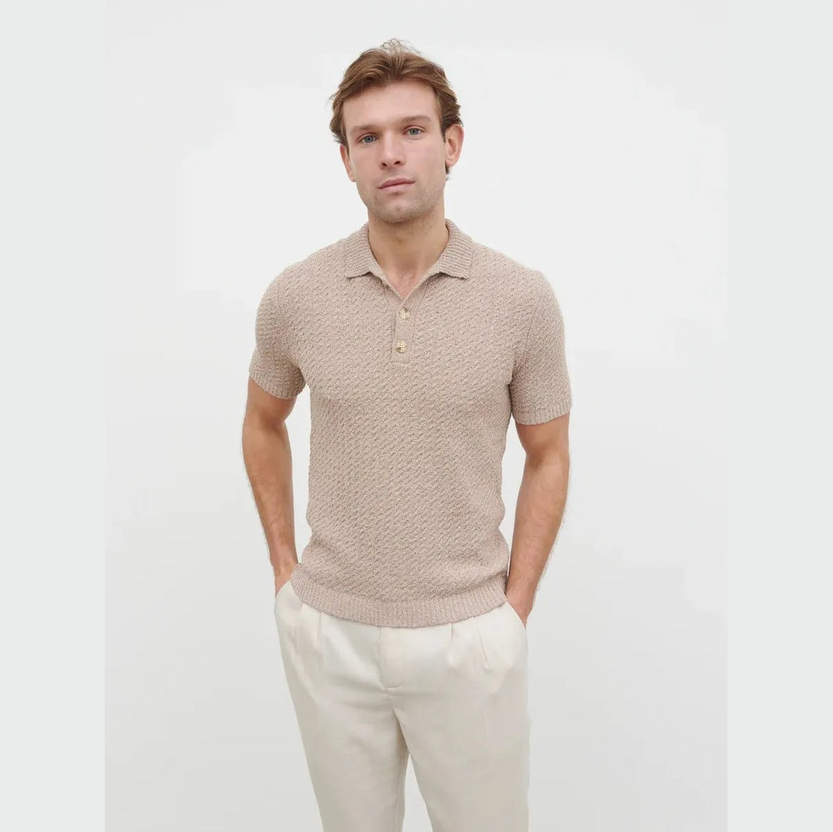 NOBL Leonardo Cable Knit Polo in Taupe