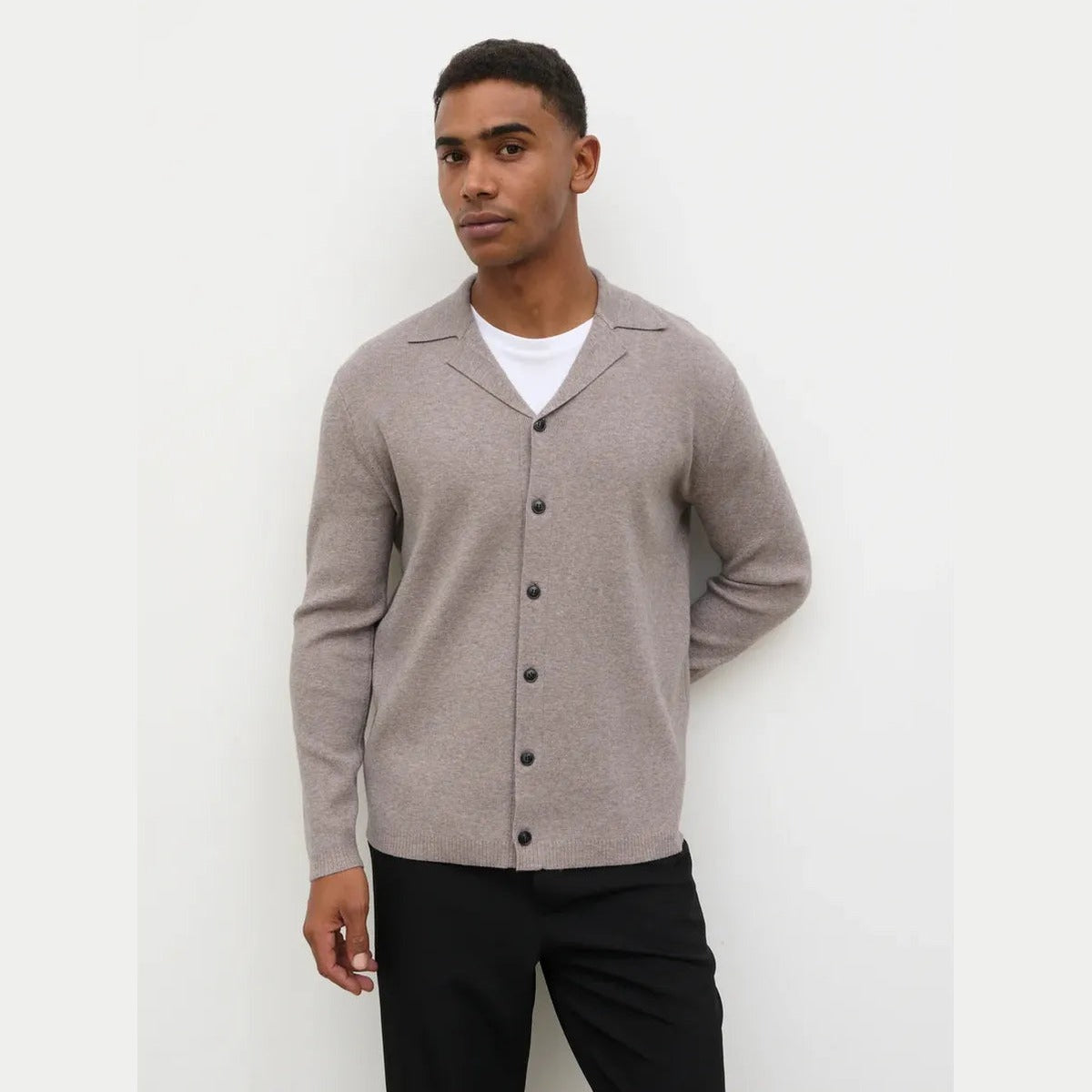 NOBL Marley Cuban Collar Knit Shirt in Mushroom