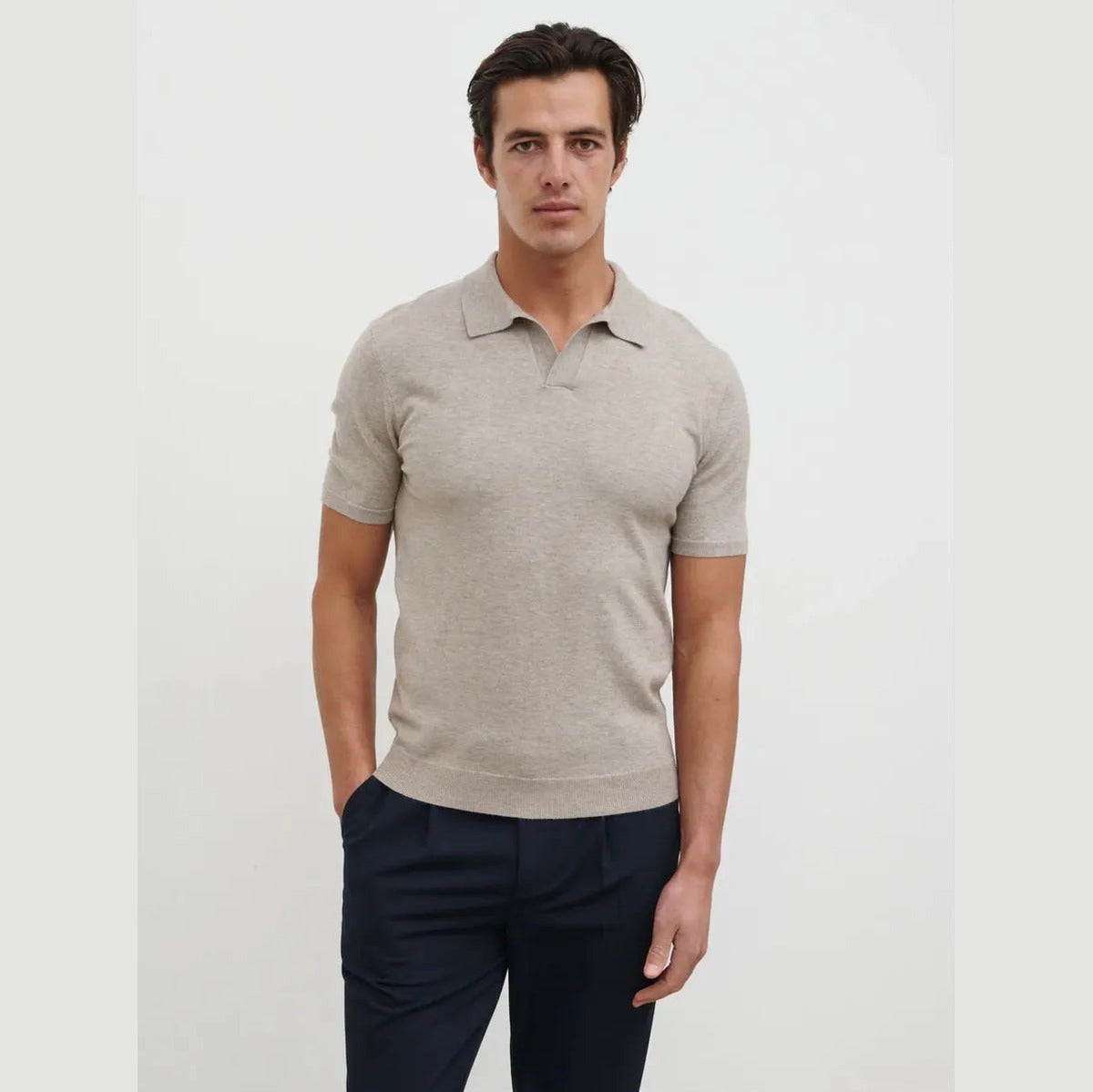 NOBL Matthew Open Collar Knit Polo in Mushroom