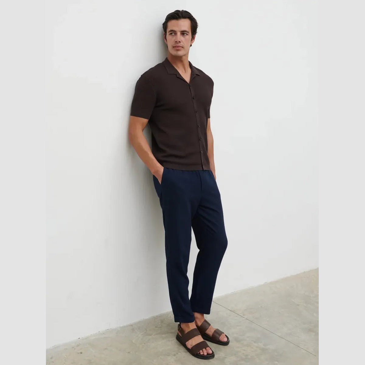 NOBL Rafe Linen Drawstring Trousers in Navy