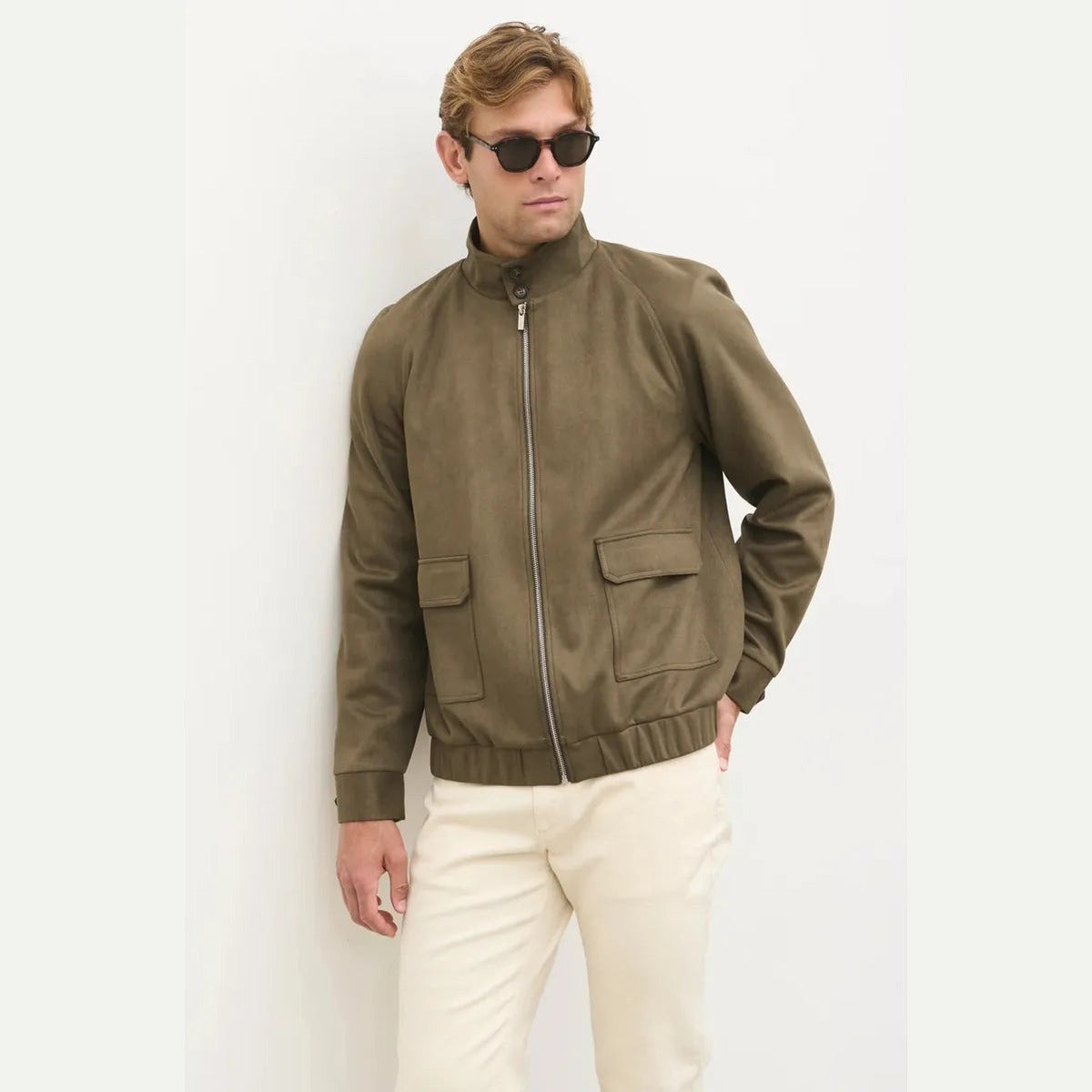NOBL Rayne Suede Funnel Neck Jacket in Dark Olive