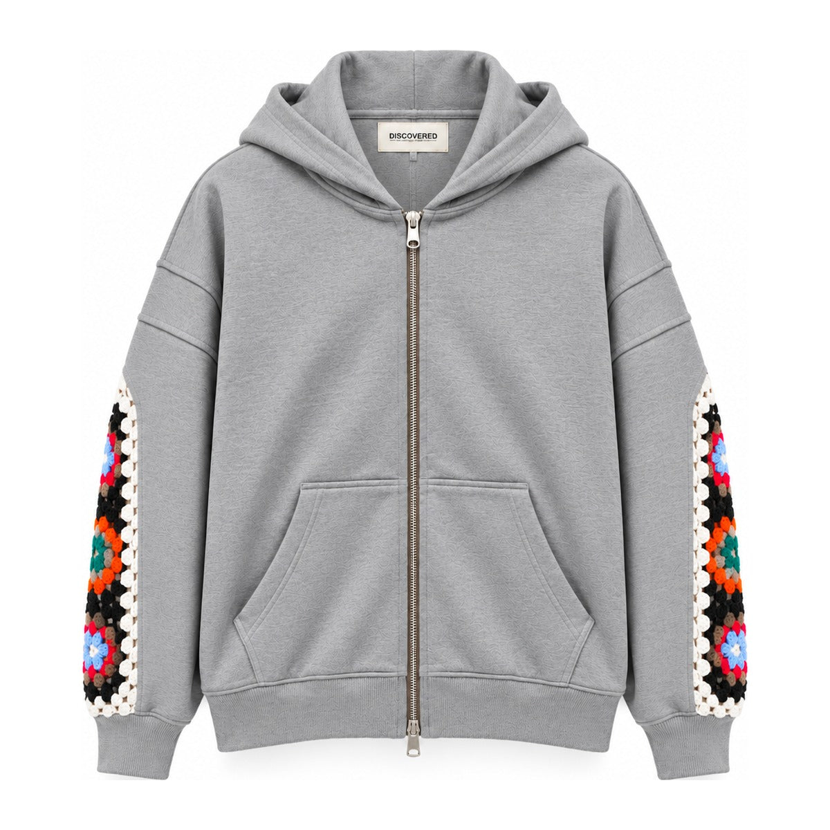 Discovered Crochet Sleeve Zip Hoodie in Gray