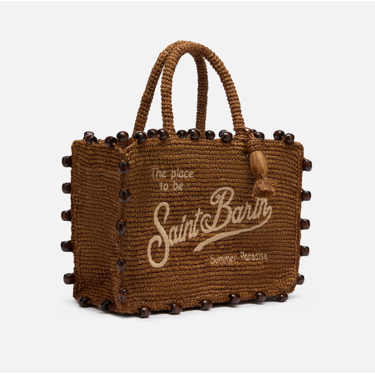 MC2 Saint Barth Colette Raffia brown handbag with beads and logo embroidery