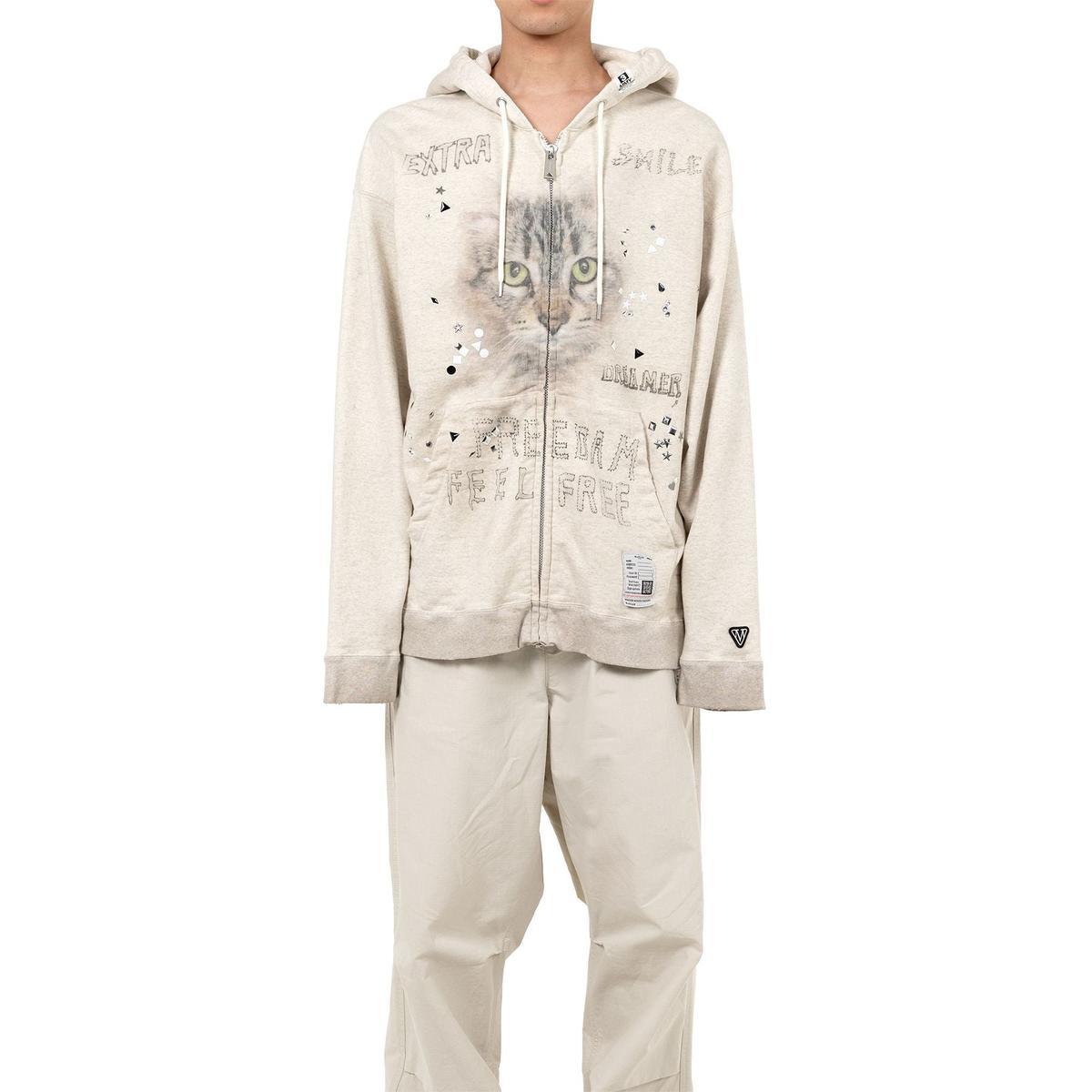 Maison Mihara Cat Printed Embellished Distressed white Zip-up Hoodie