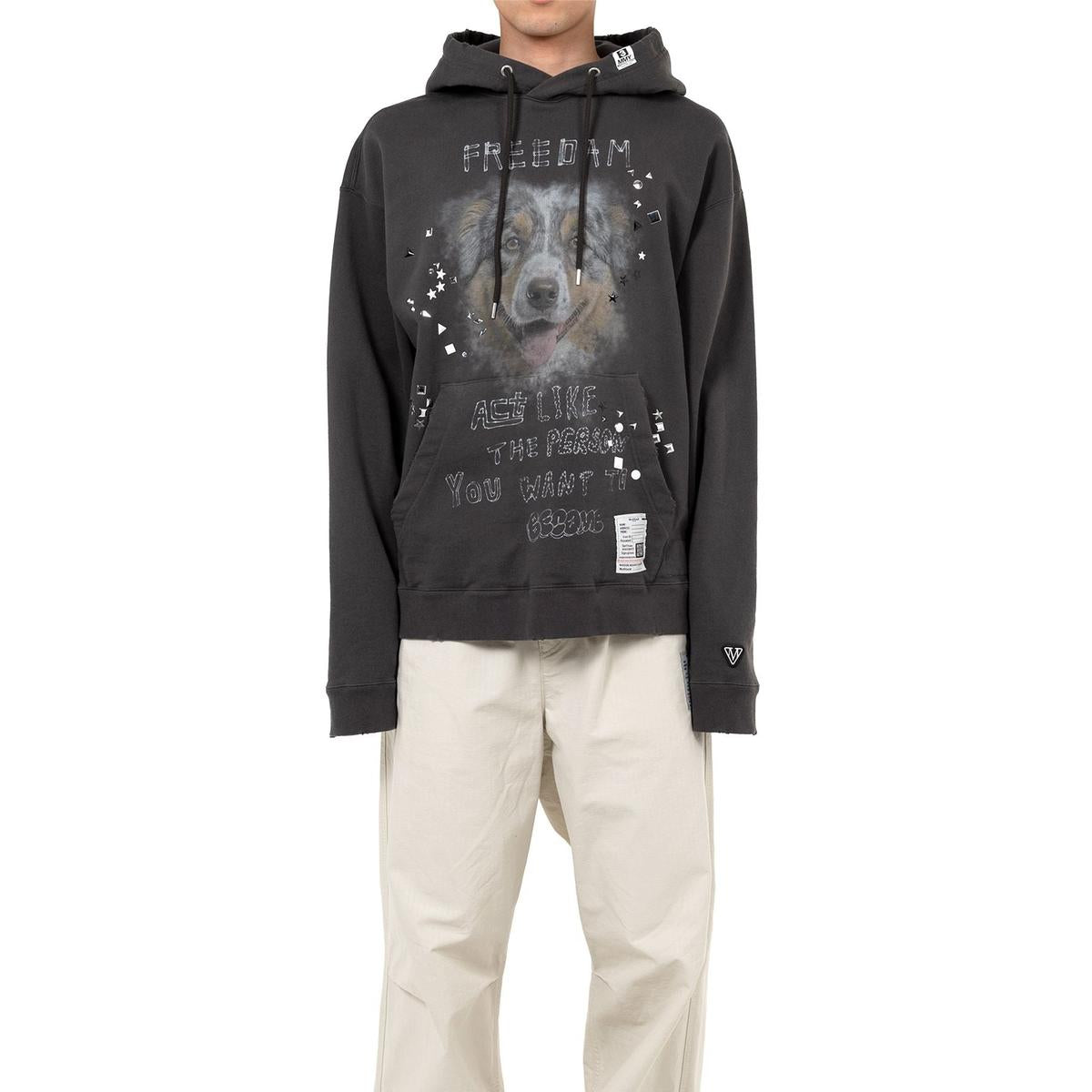Maison Mihara Dog Printed Embellished Distressed Black Hoodie