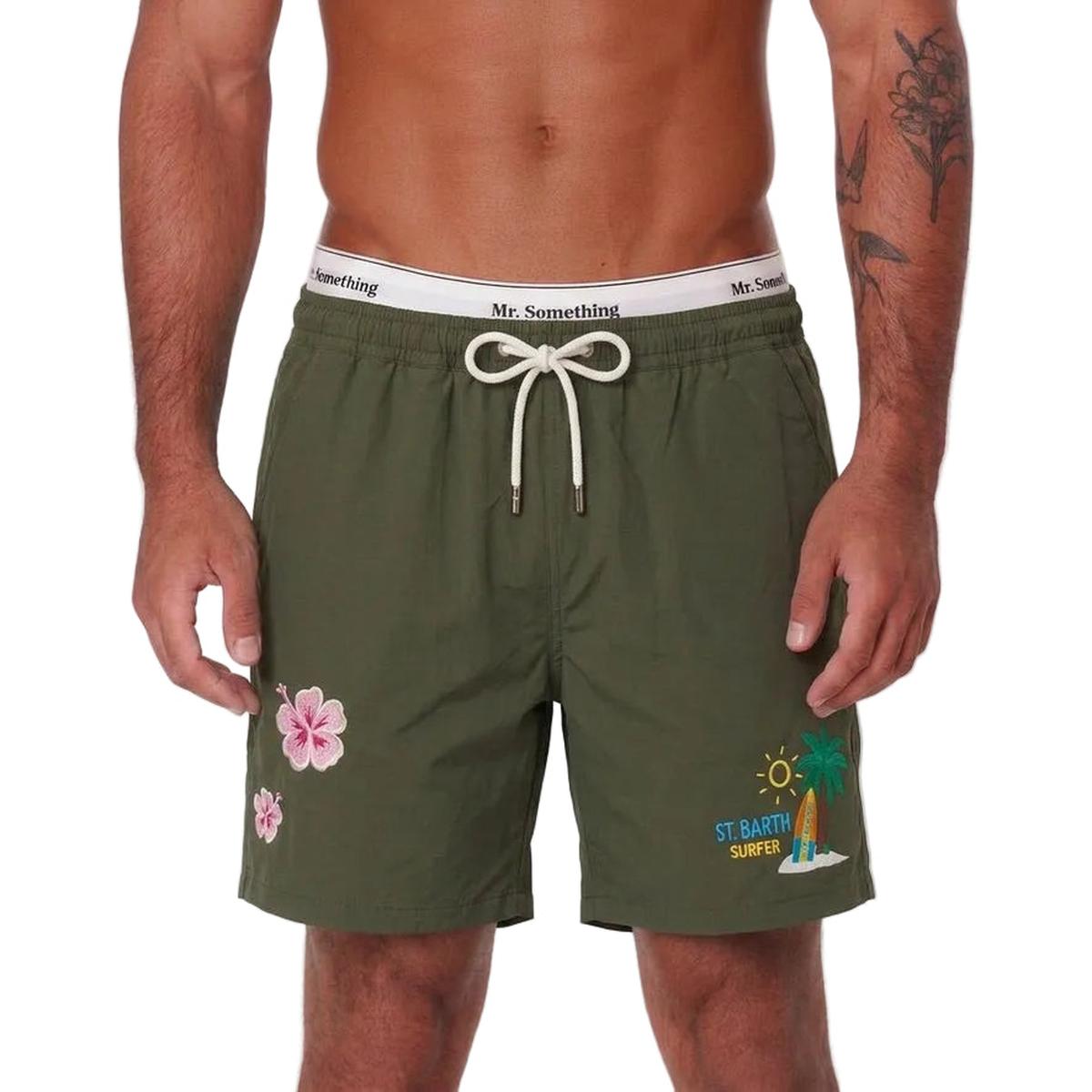 MC2 Saint Barth Comfort Swim Shorts in Military Green with Surfer Embroidered Patches