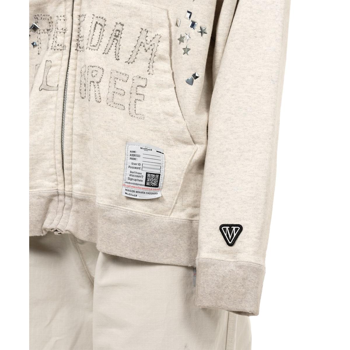 Maison Mihara Cat Printed Embellished Distressed white Zip-up Hoodie