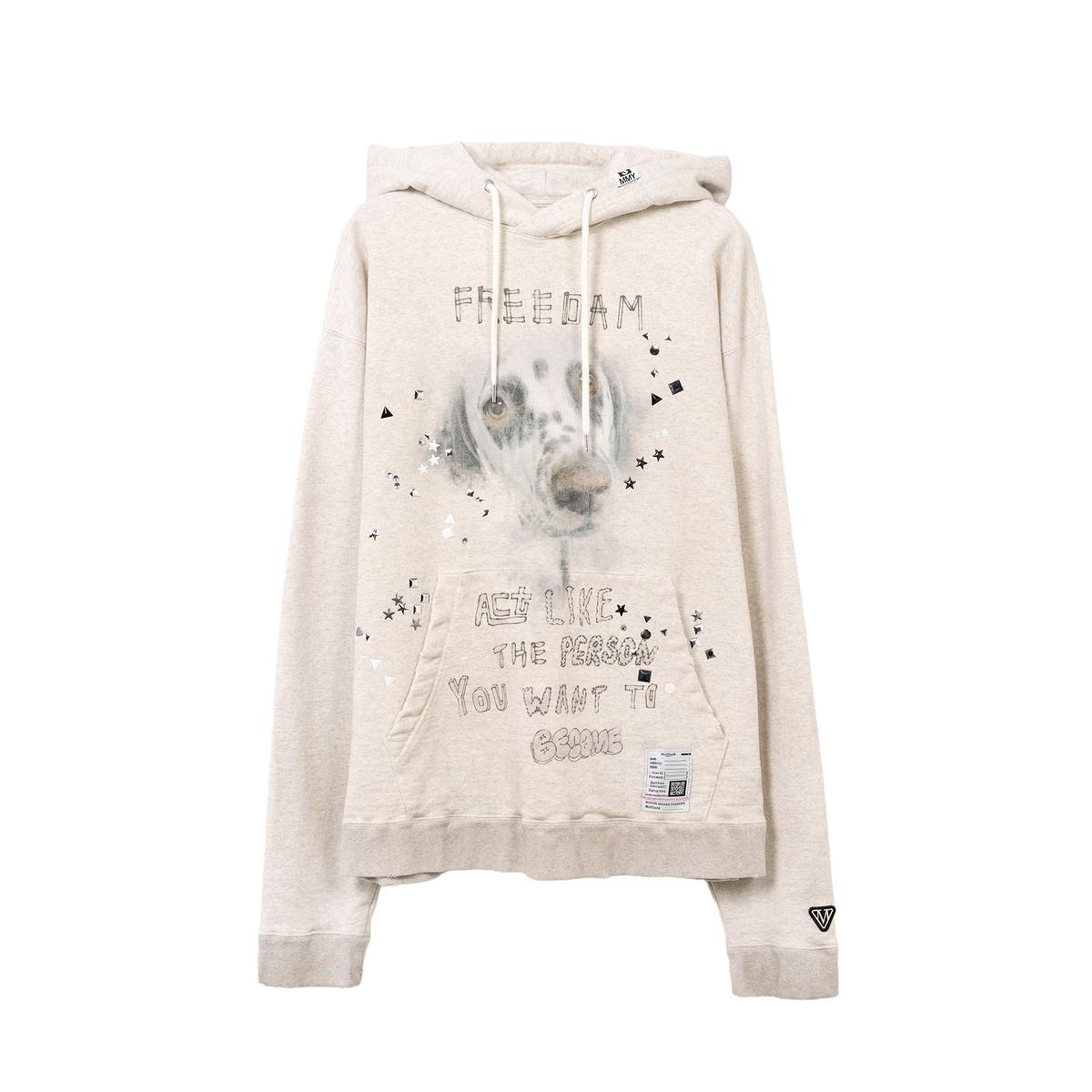 Maison Mihara Dog Printed Embellished Distressed White Hoodie