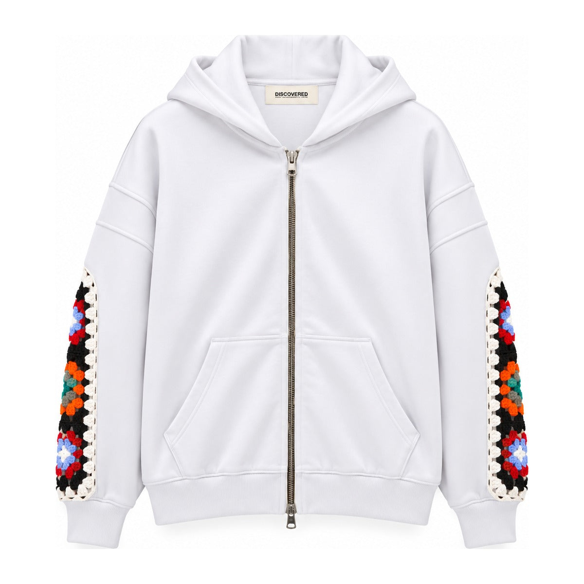 Discovered Crochet Sleeve Zip Hoodie in White