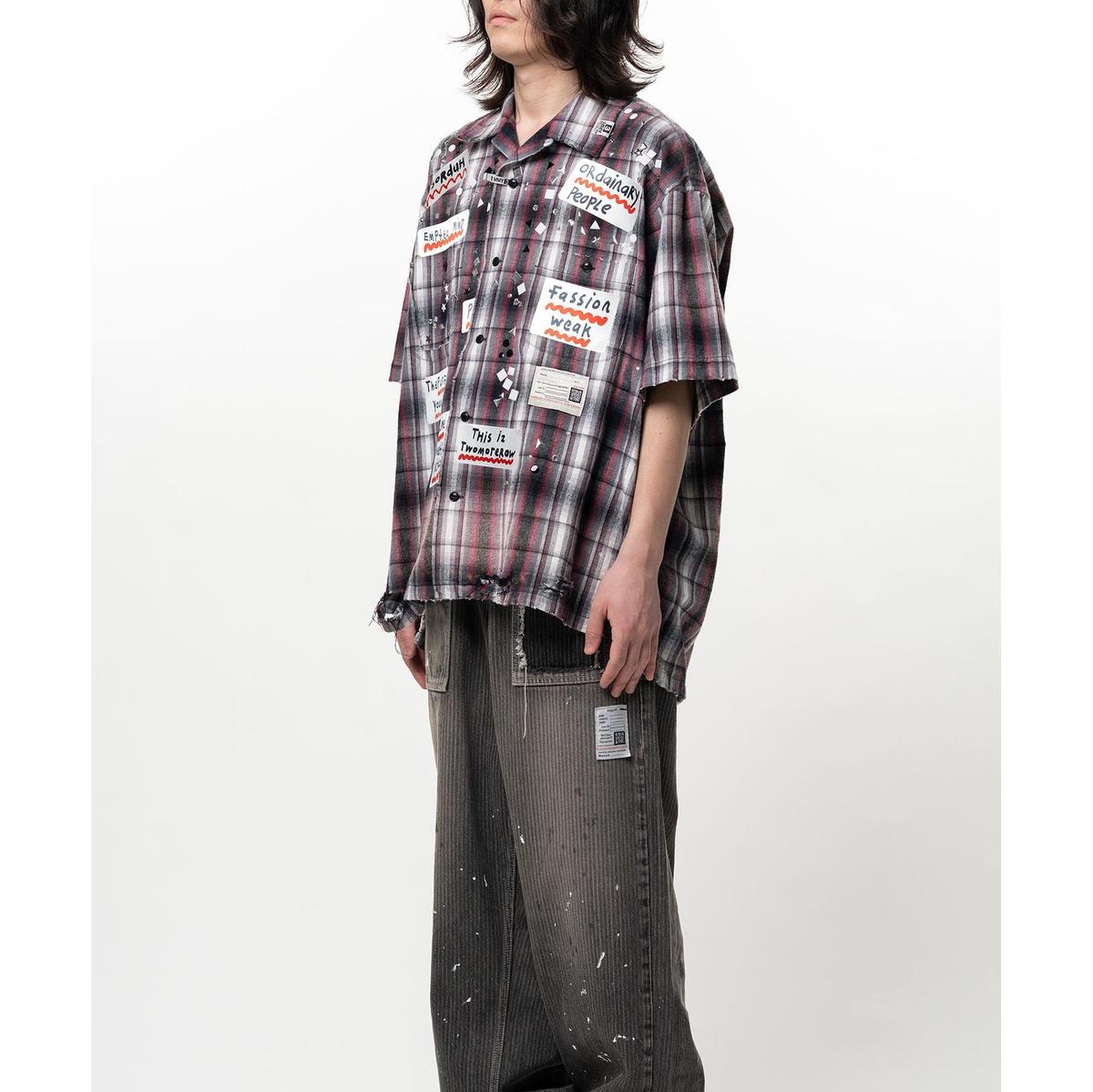 Maison Mihara Embellished Sticker Short Sleeve Check Shirt