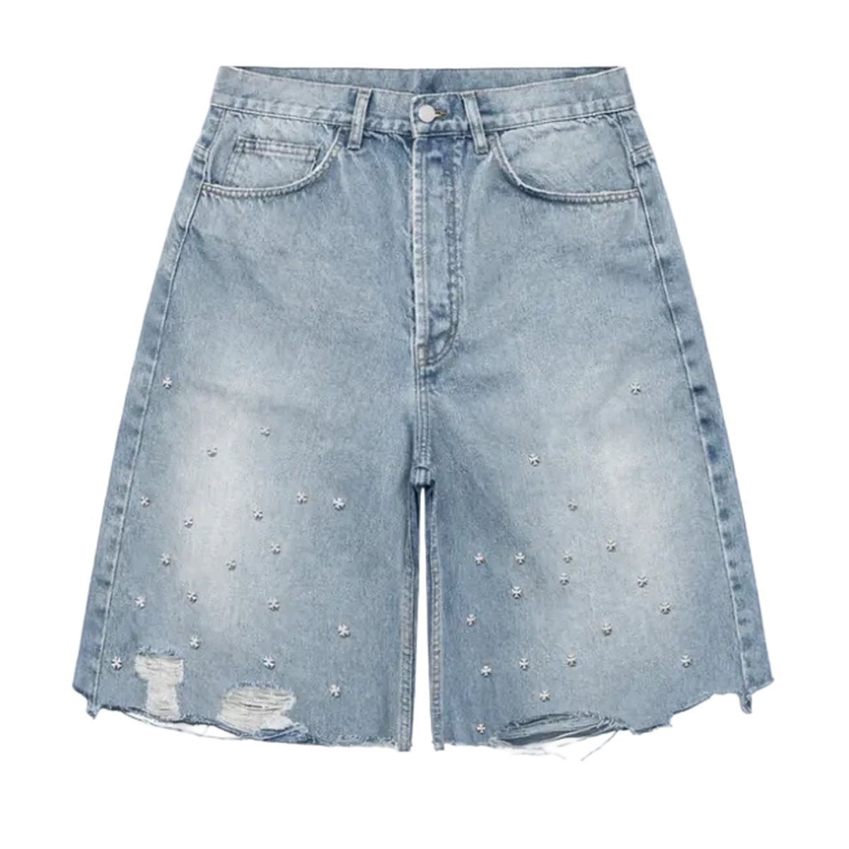 ASKYURSELF Cross Pin Baggy Jeans Shorts in Washed Blue