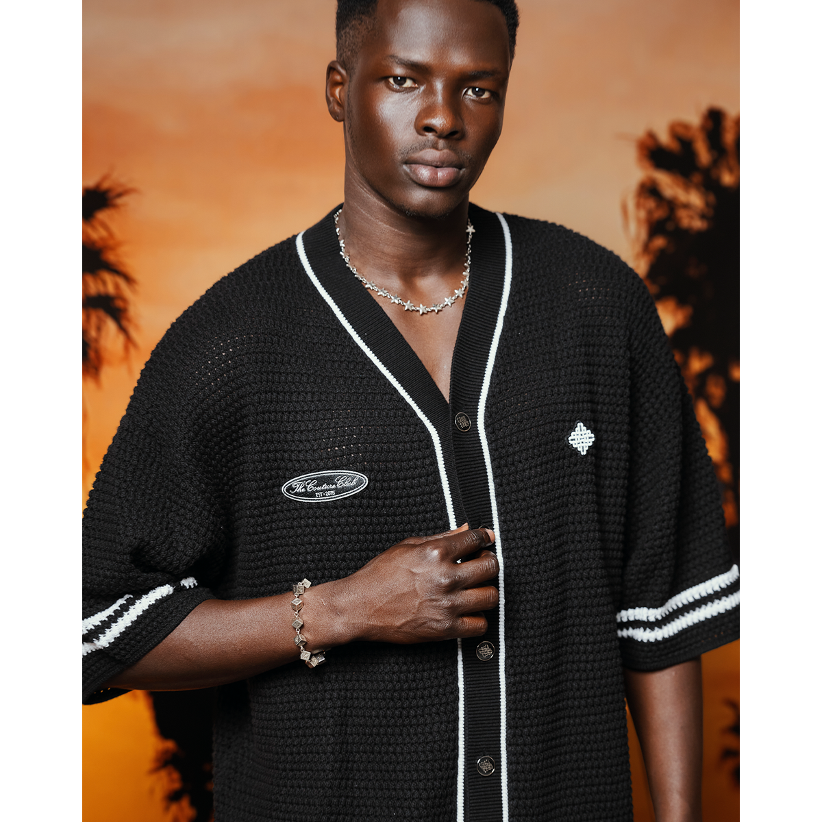 The Couture Club Crochet Knitted Black Baseball Shirth