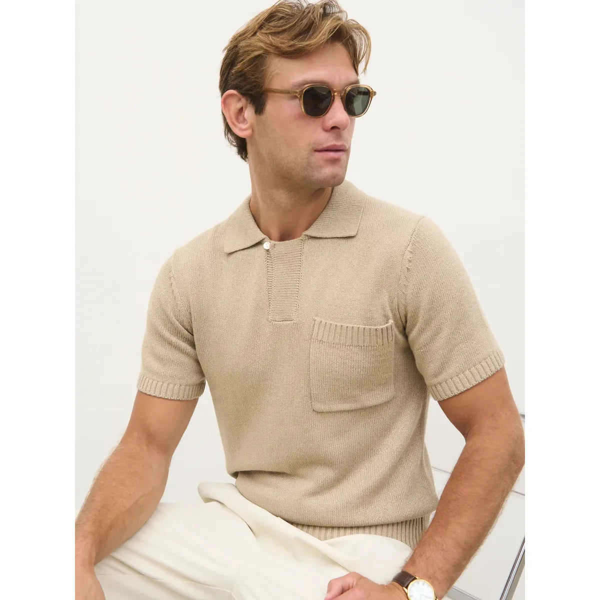 NOBL Bobby Short Sleeve Knit Polo Beige