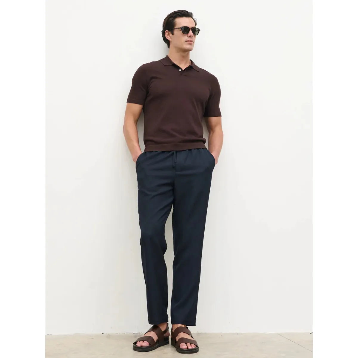 NOBL Bryce Straight Leg Drawstring Trousers Navy