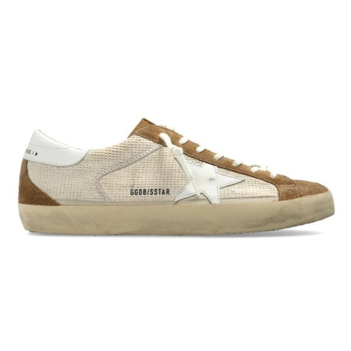 Golden Goose Super-Star Crochet, Leather and Suede Sneakers in Cream, Brown and White
