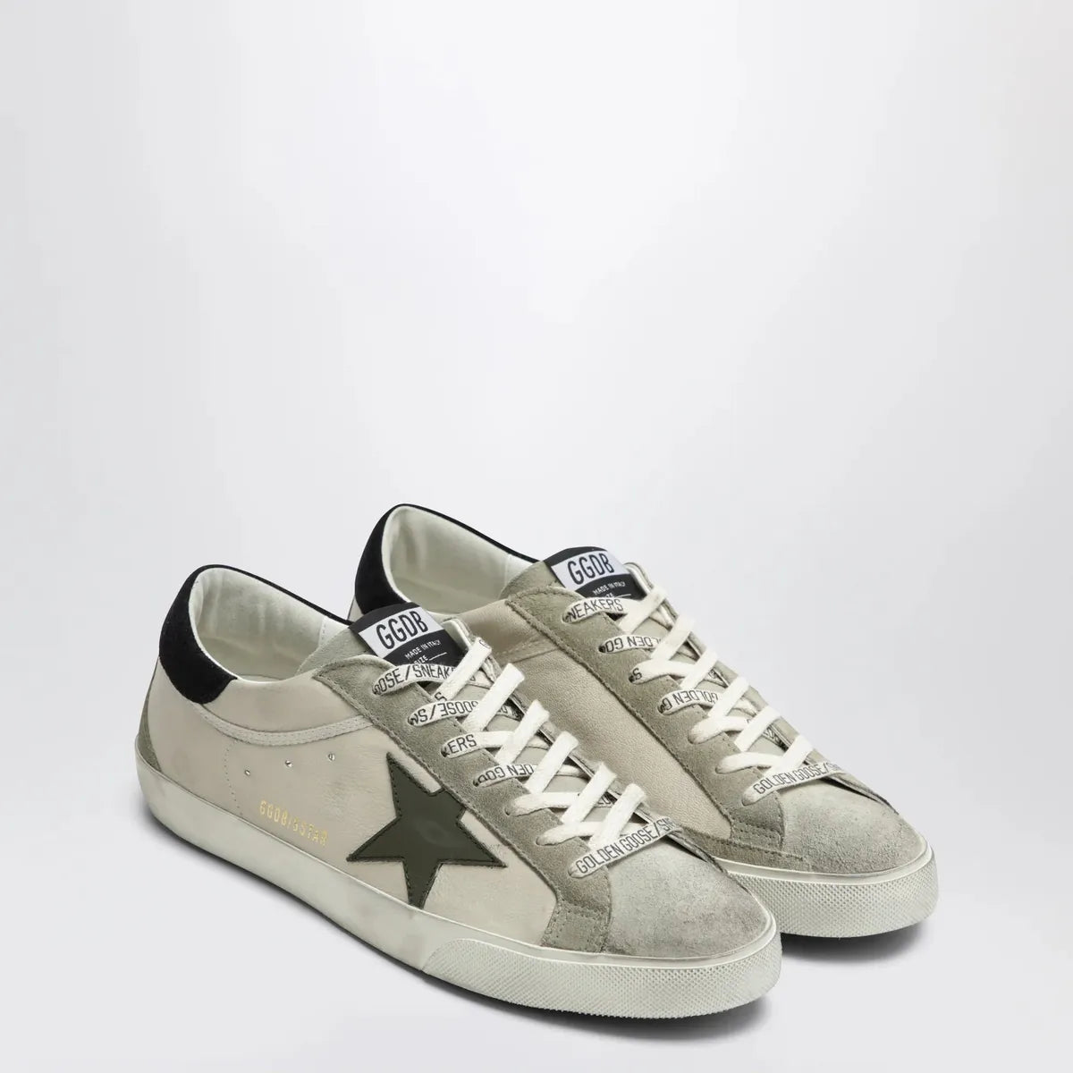Golden Goose Super-Star Nappa, Suede and Leather Sneakers in Cream, Olive Green and Blue
