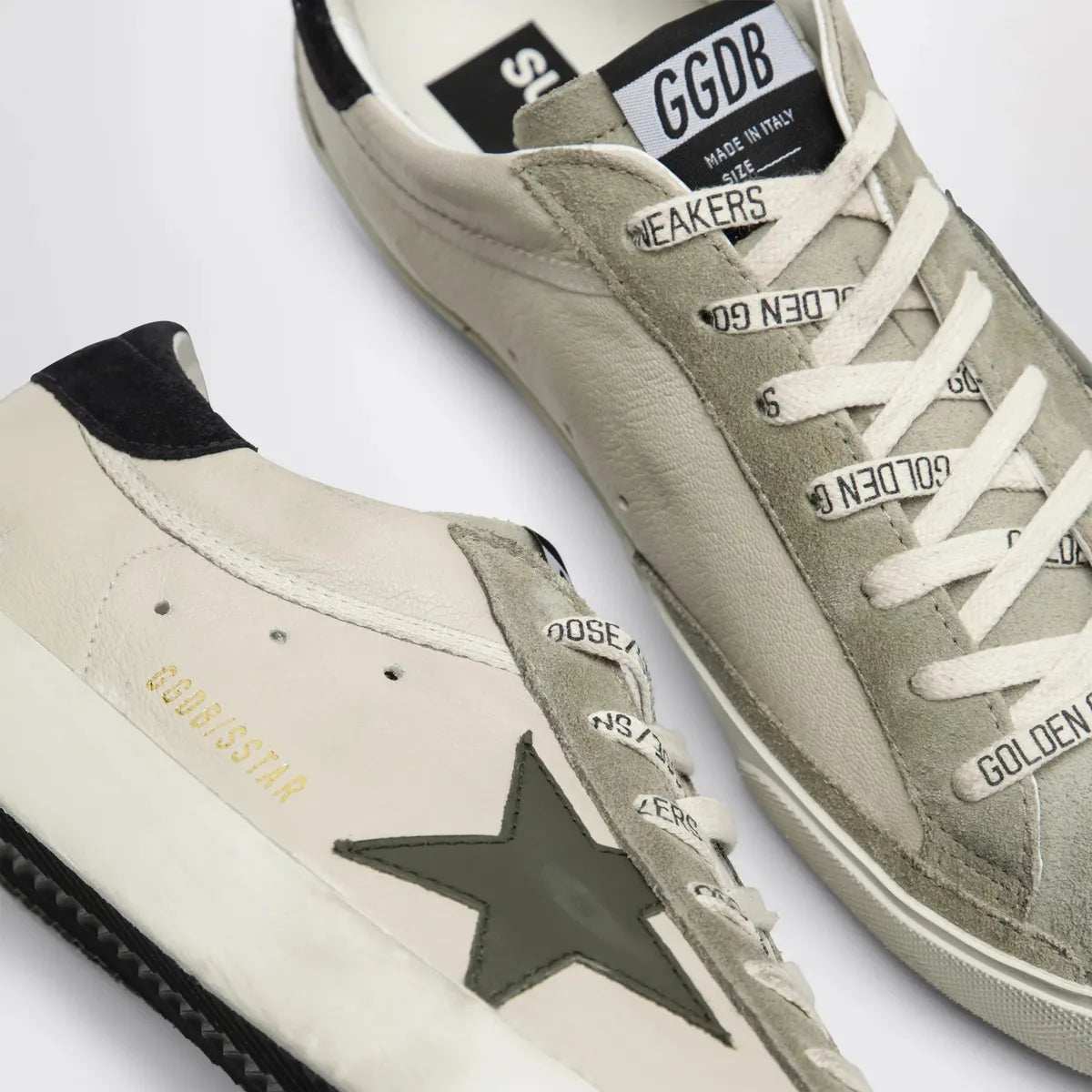 Golden Goose Super-Star Nappa, Suede and Leather Sneakers in Cream, Olive Green and Blue