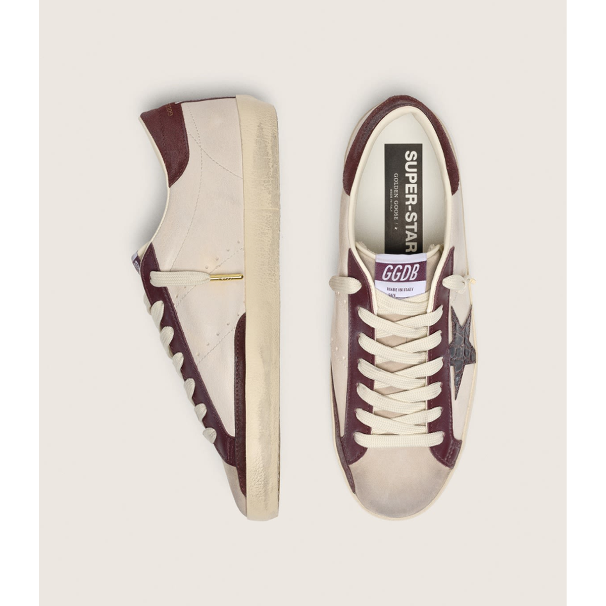 Golden Goose Super-Star Suede and Nappa Sneakers in Butter, Beige and Burgund with Cocco Printed Star