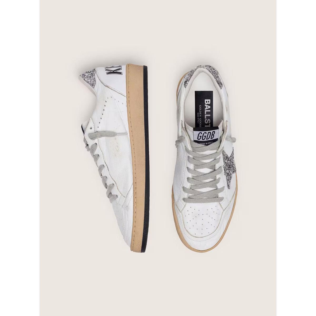 Golden Goose Ballstar Nappa Leather Sneakers in White and Silver with a Glitter Star