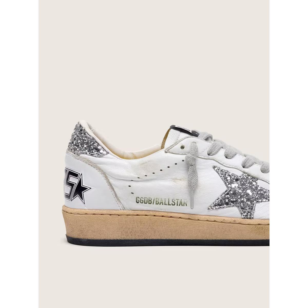 Golden Goose Ballstar Nappa Leather Sneakers in White and Silver with a Glitter Star