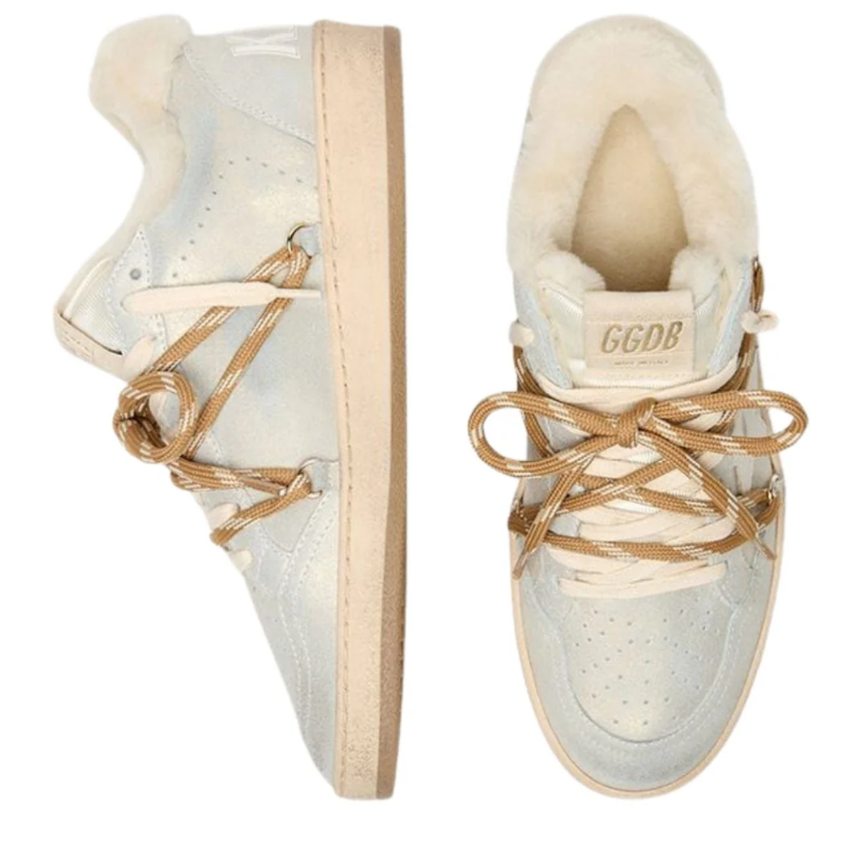 Golden Goose Ballstar Shimmer Suede Sneakers in Platinum and Beige with Sheaerling Heel