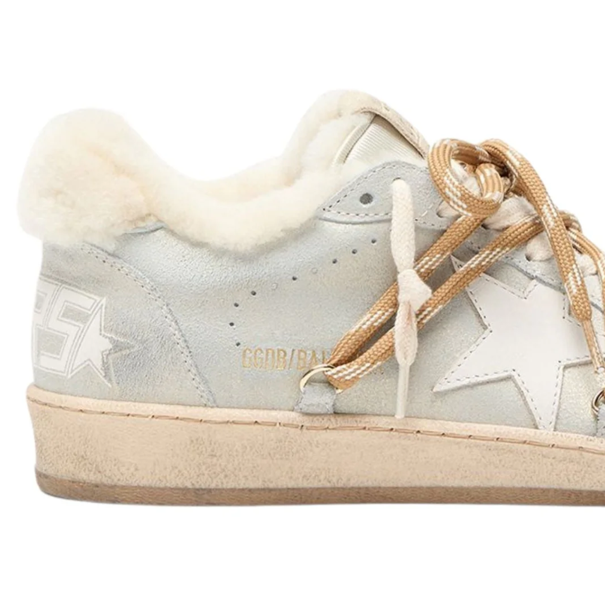 Golden Goose Ballstar Shimmer Suede Sneakers in Platinum and Beige with Sheaerling Heel