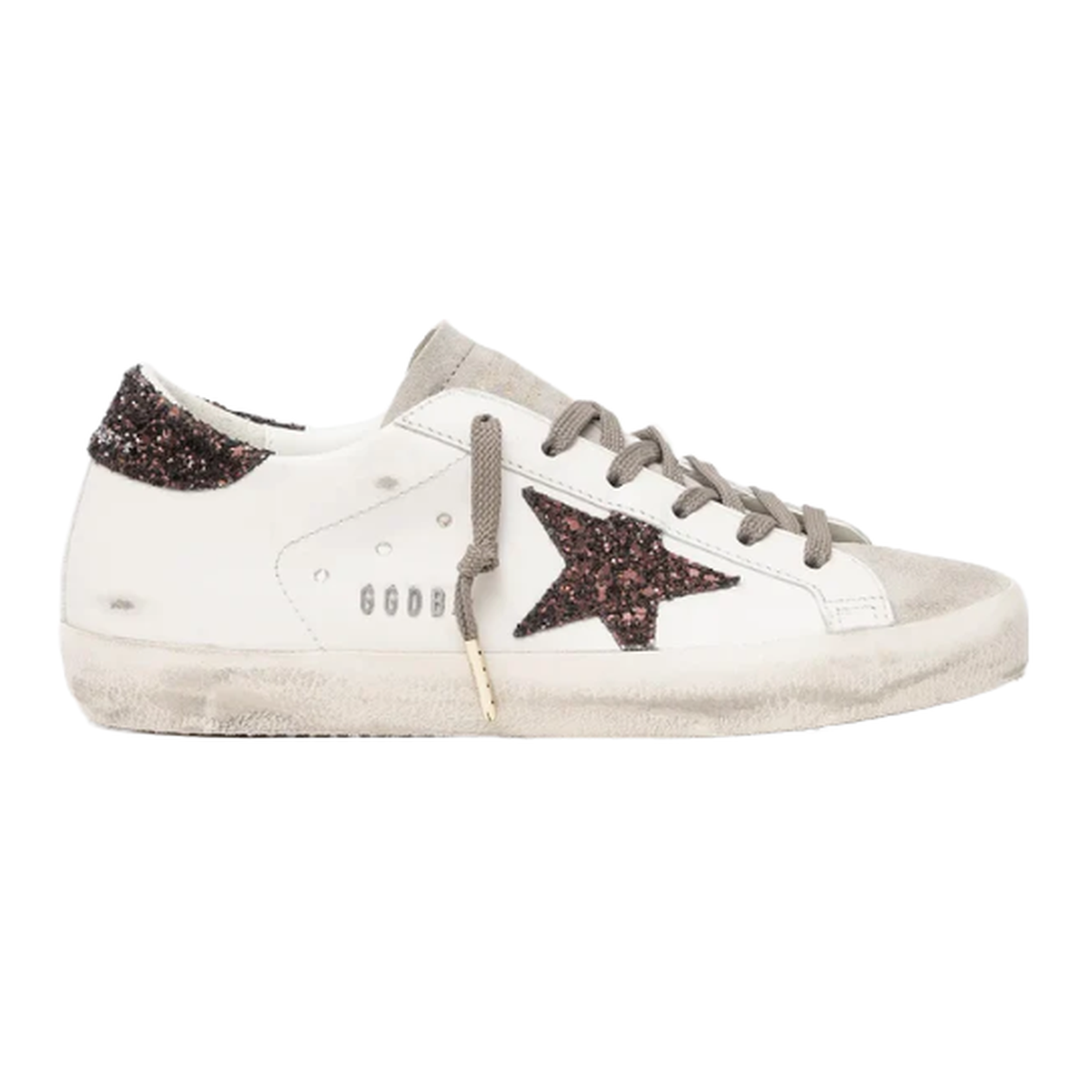 Golden Goose Super-Star Leather Sneakers in Milk, Dove and brown with a Glitter Star and Heel